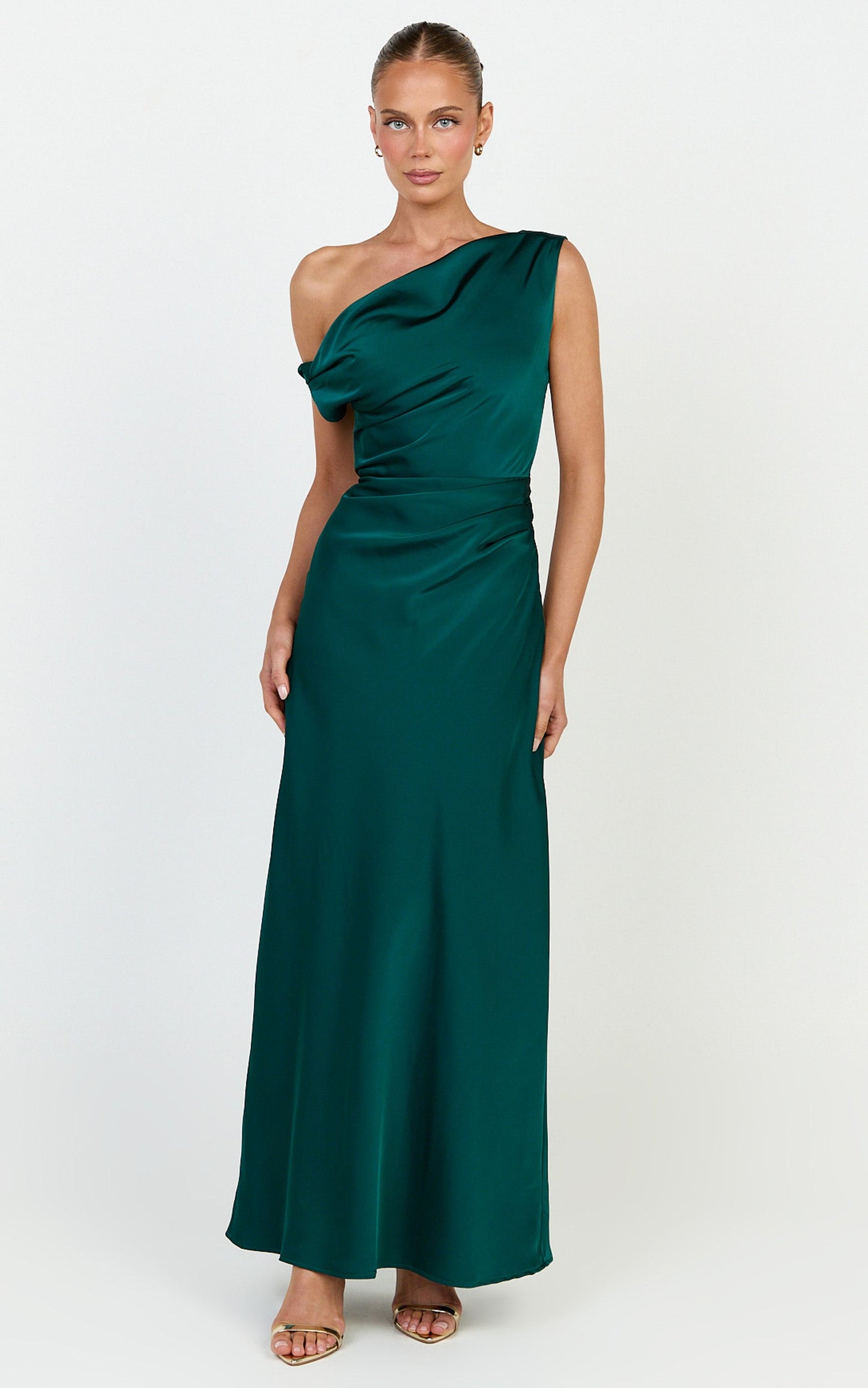 Lira Maxi Dress - One Shoulder Satin Dress in Emerald