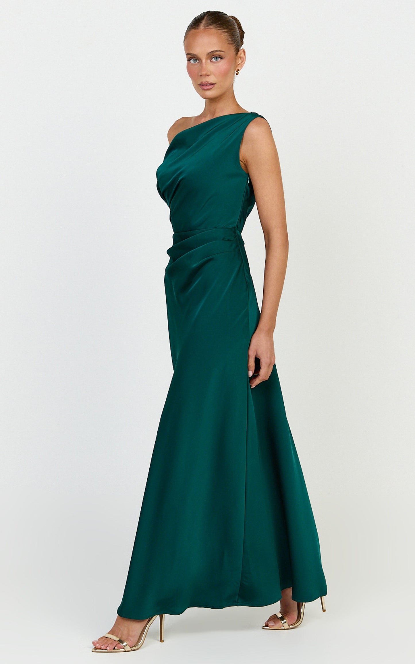 Lira Maxi Dress - One Shoulder Satin Dress in Emerald
