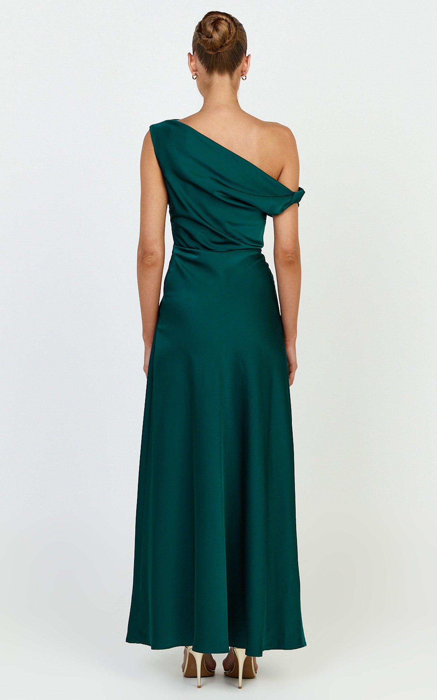 Lira Maxi Dress - One Shoulder Satin Dress in Emerald