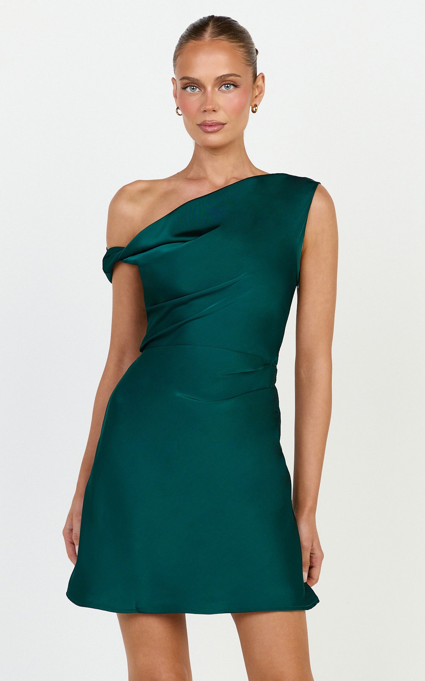 Lira Mini Dress - One Shoulder Satin Dress in Emerald
