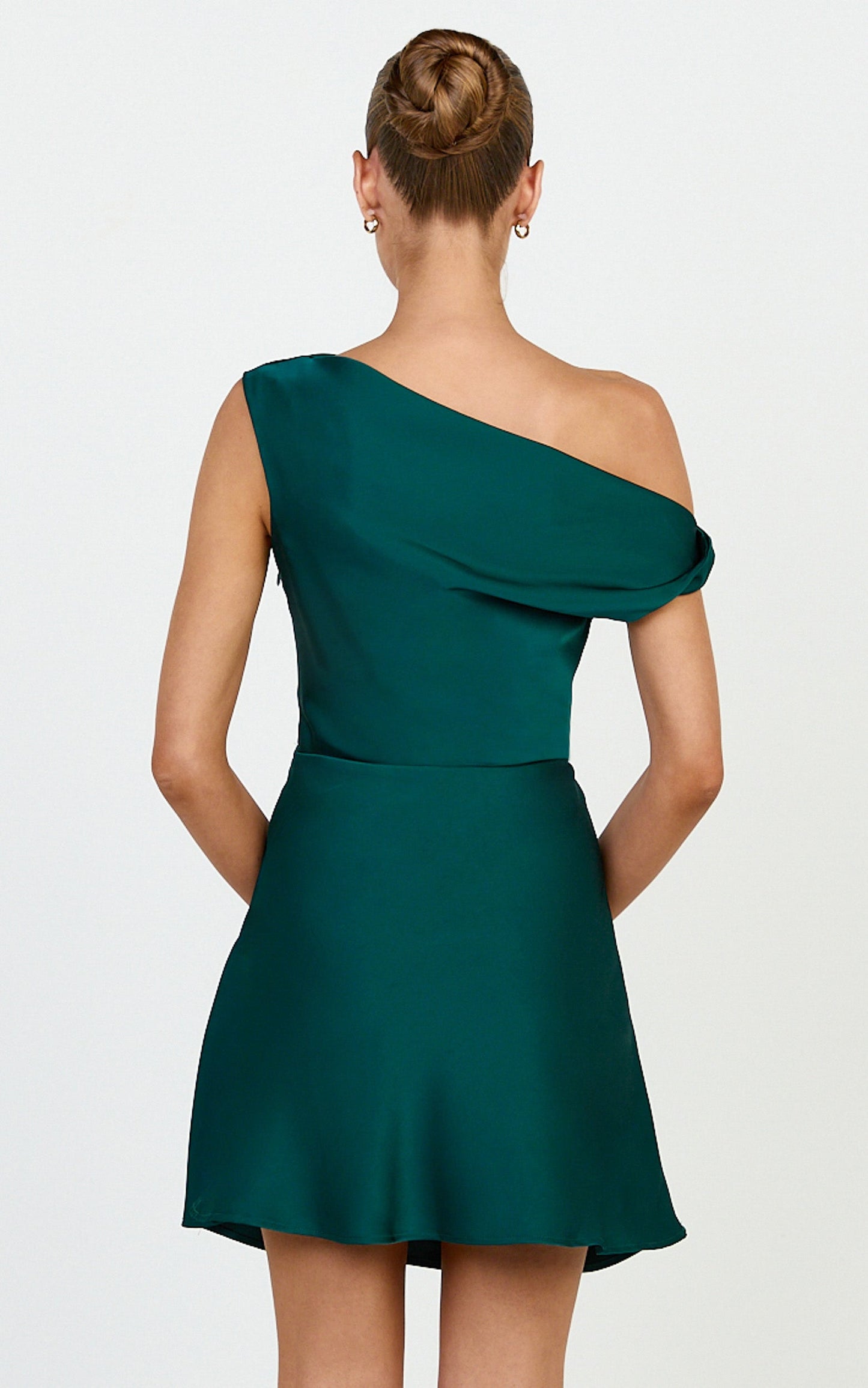 Lira Mini Dress - One Shoulder Satin Dress in Emerald