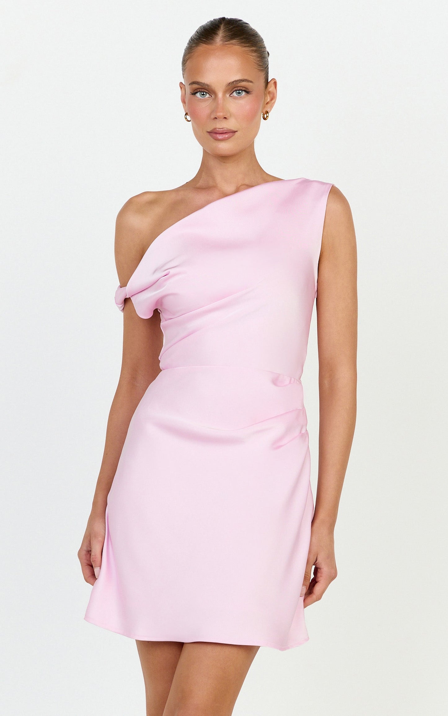 Lira Mini Dress - One Shoulder Satin Dress in Pink