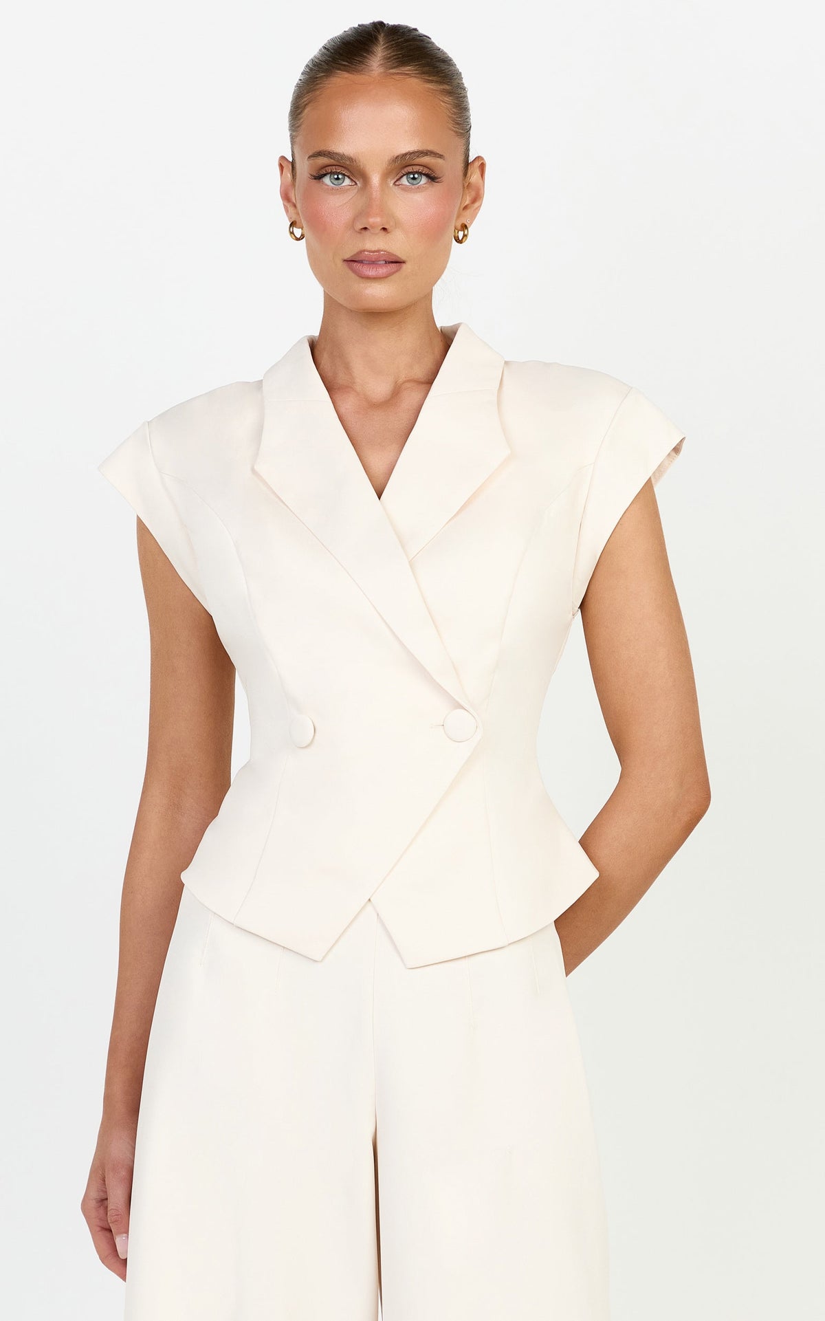 Poppy Top - Cap Sleeve Double Breasted Vest Top in Cream