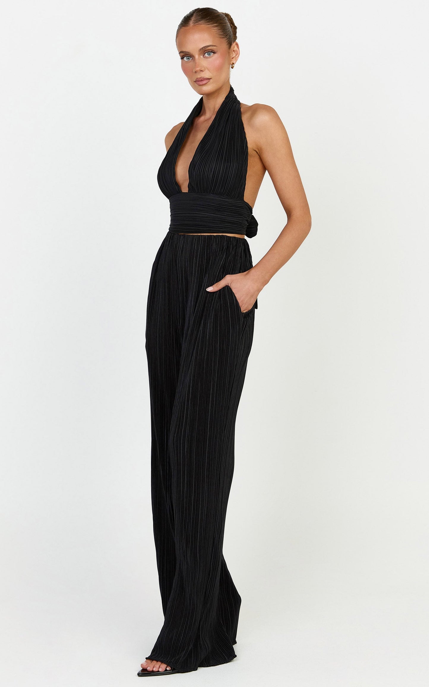 Tessie Top - Plisse Halter Neck Tie Back Top in Black