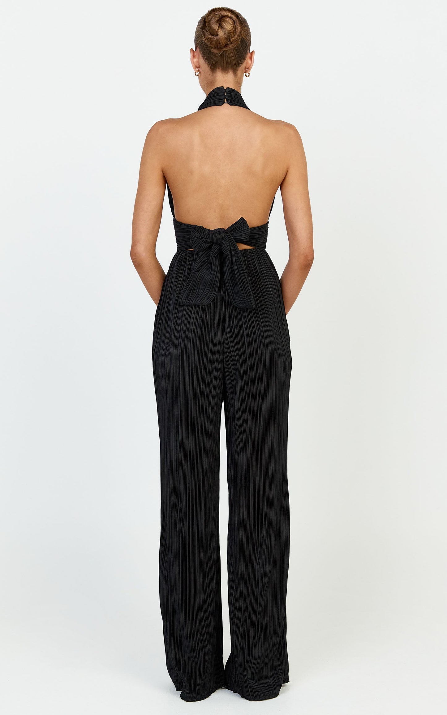 Tessie Top - Plisse Halter Neck Tie Back Top in Black
