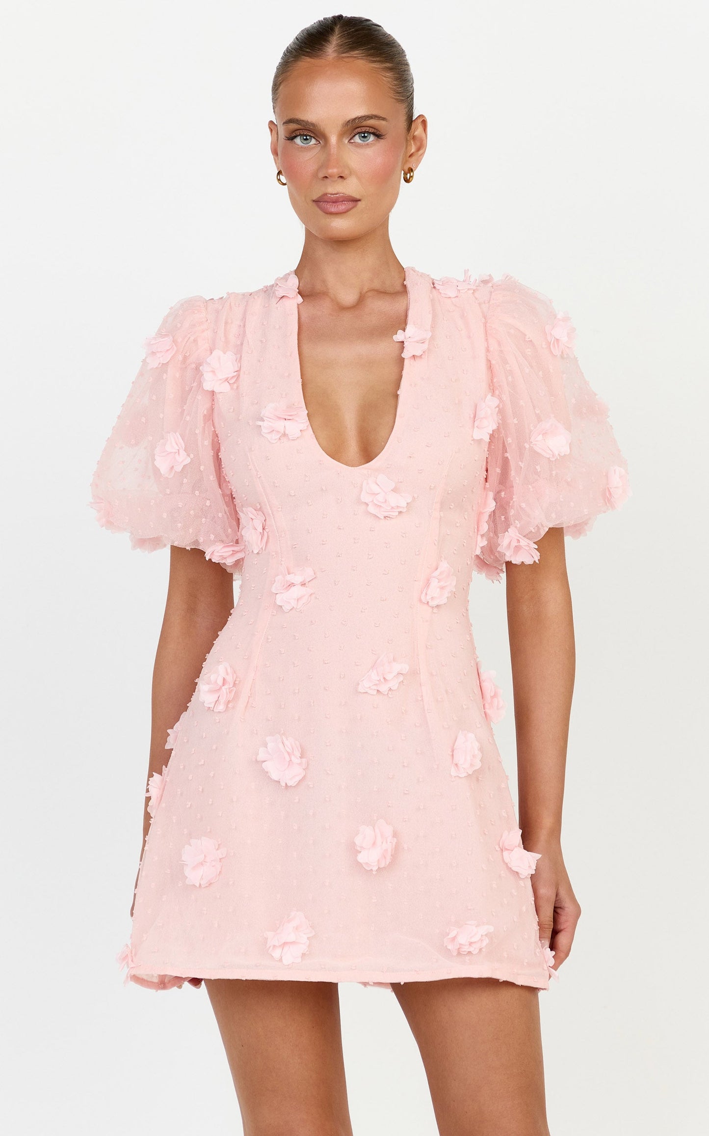 Azalea Mini Dress - Puff Sleeve 3D Floral A Line Dress in Pale Pink