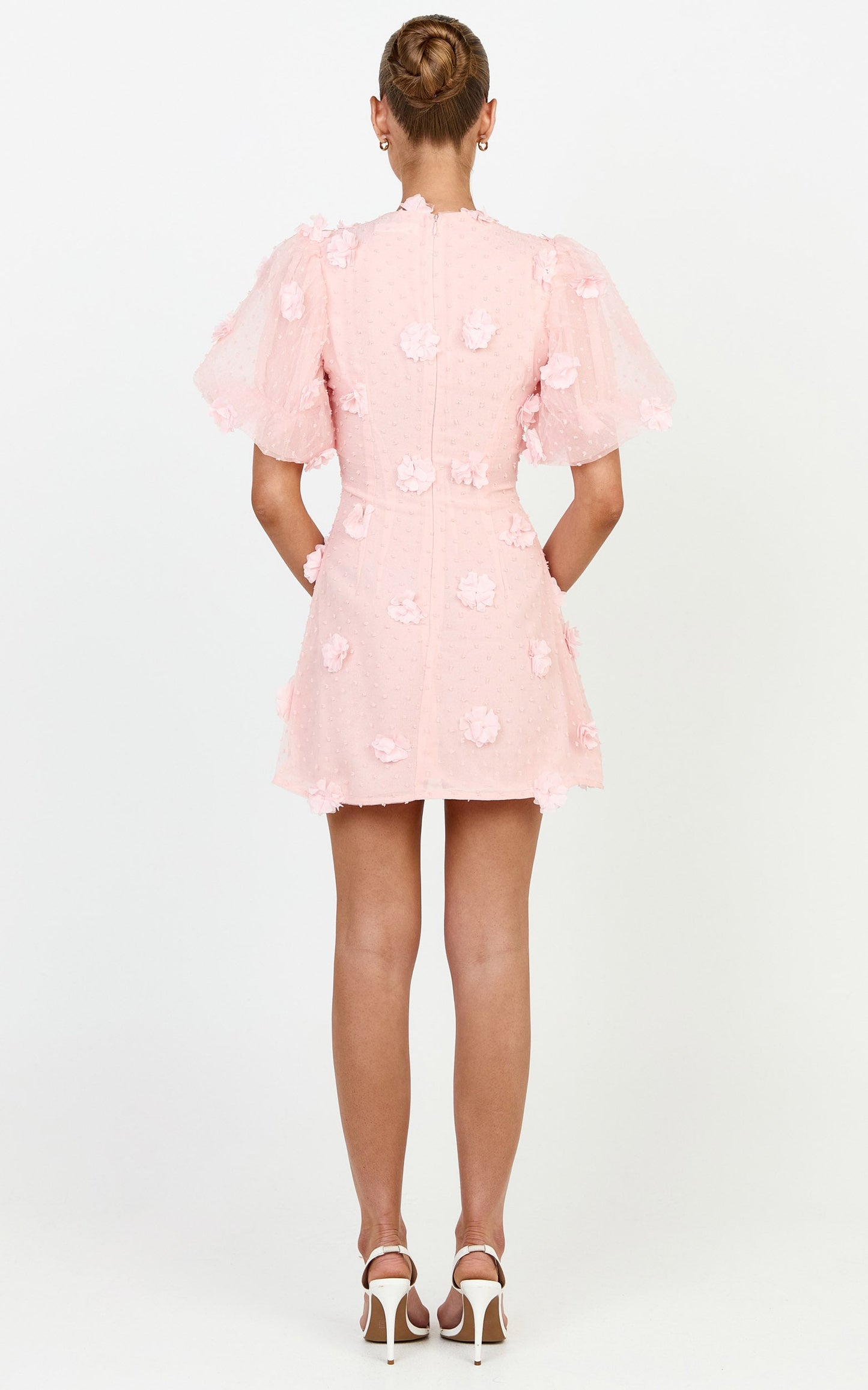 Azalea Mini Dress - Puff Sleeve 3D Floral A Line Dress in Pale Pink