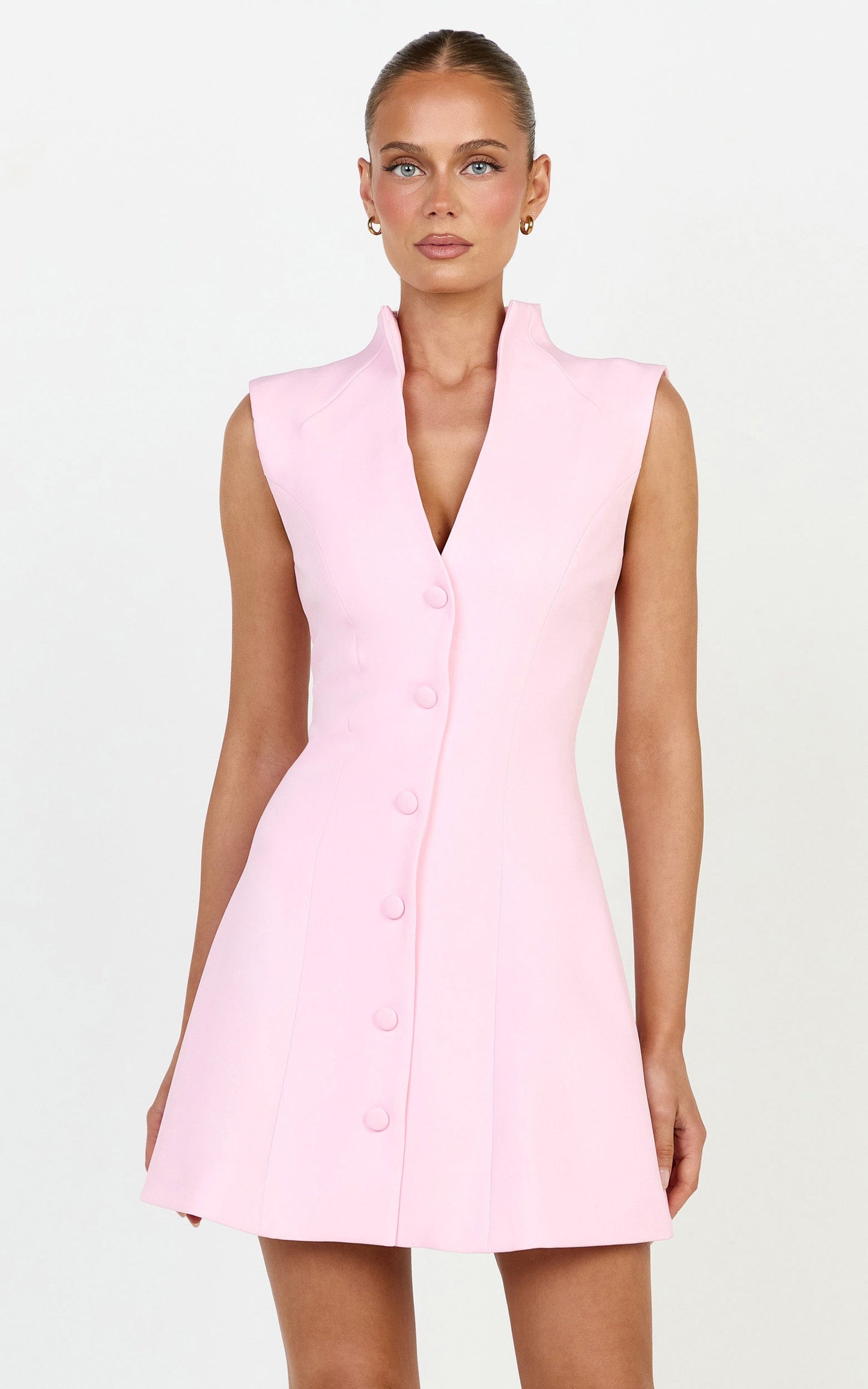 Jacinta Mini Dress - Sleeveless Button Front Tulip Dress in Baby Pink