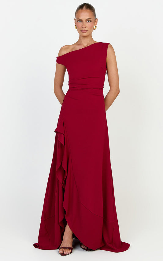 Serafina Midi Dress - Off Shoulder High Side Split Dress in Wine