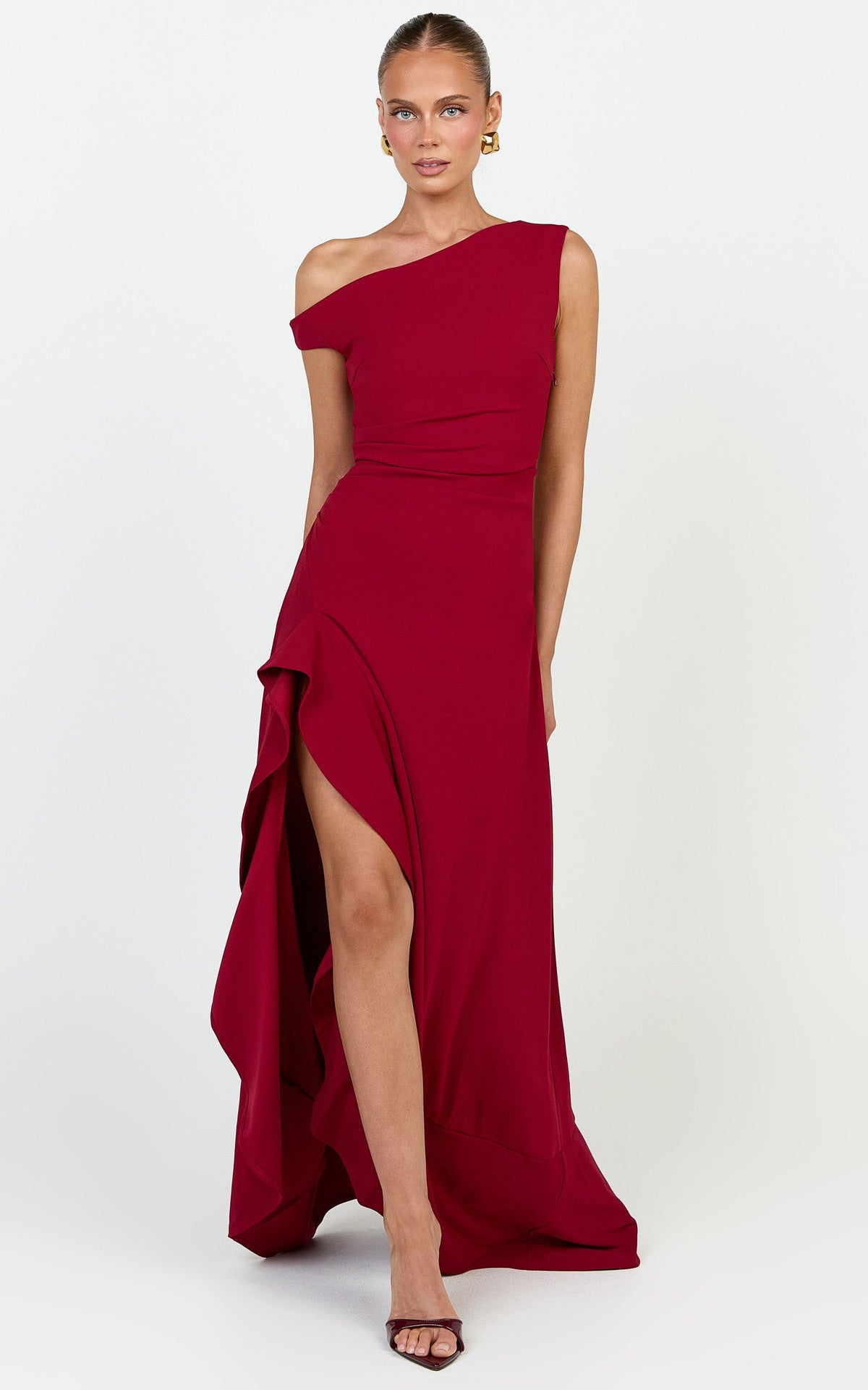 Serafina Midi Dress - Off Shoulder High Side Split Dress in Wine