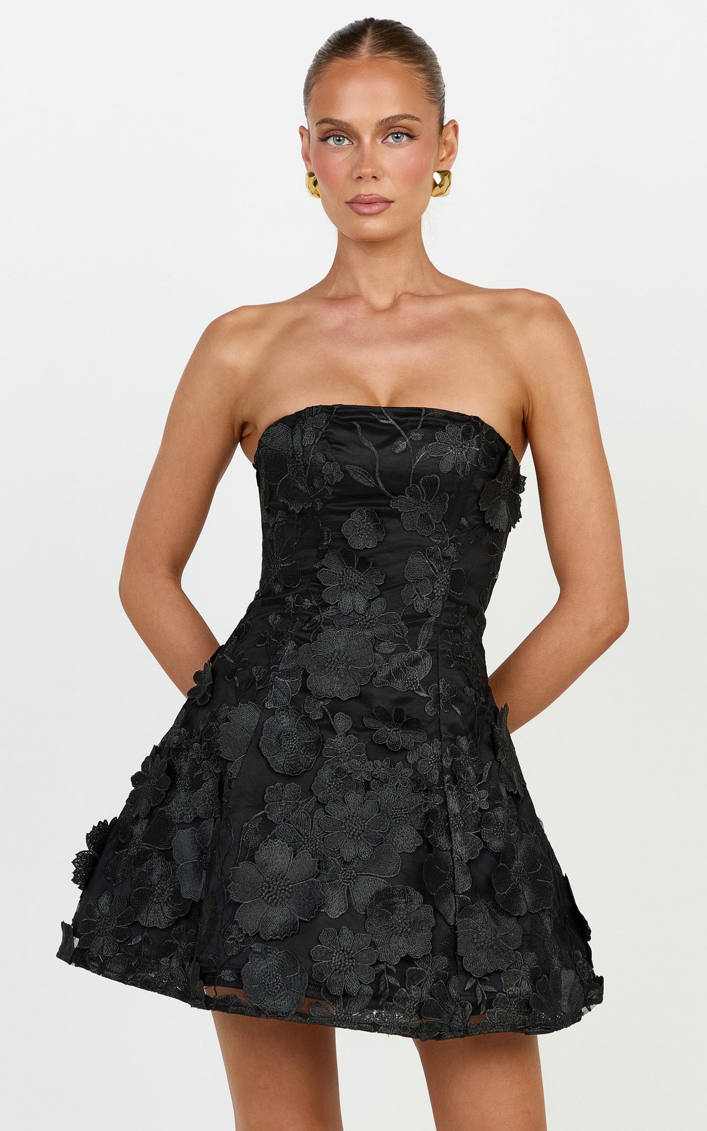 Cosima Mini Dress - Strapless 3D Floral Fit And Flare Dress in Black