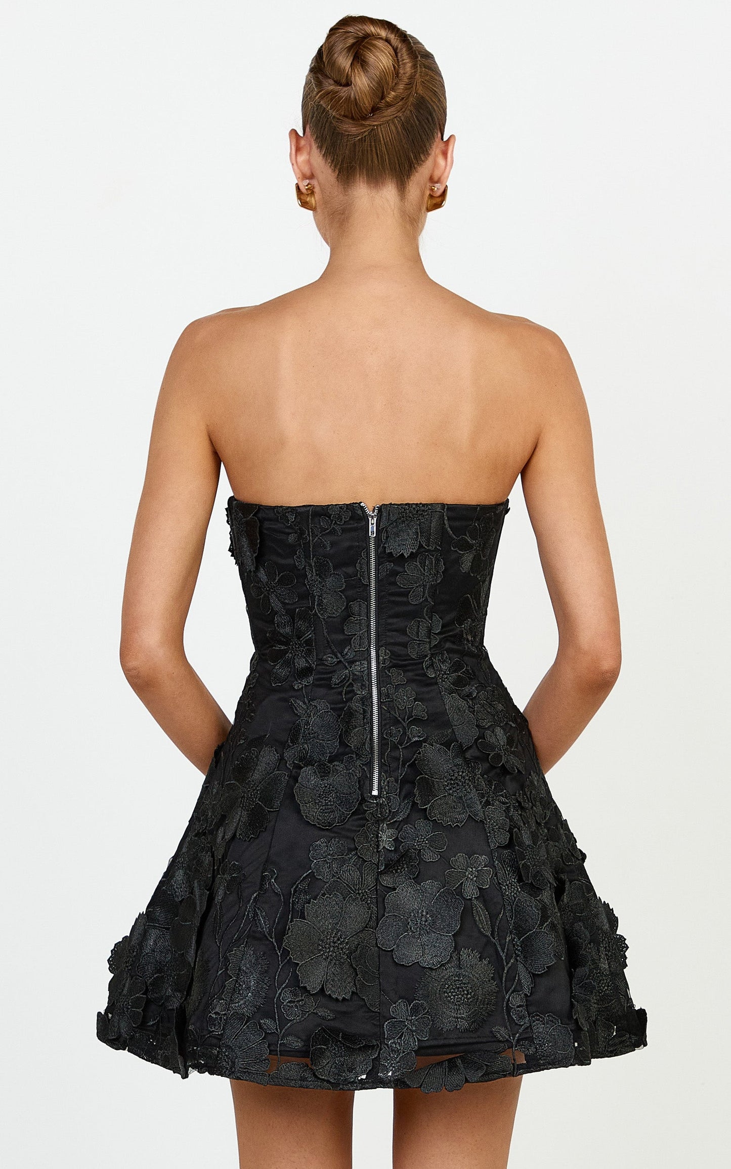 Cosima Mini Dress - Strapless 3D Floral Fit And Flare Dress in Black