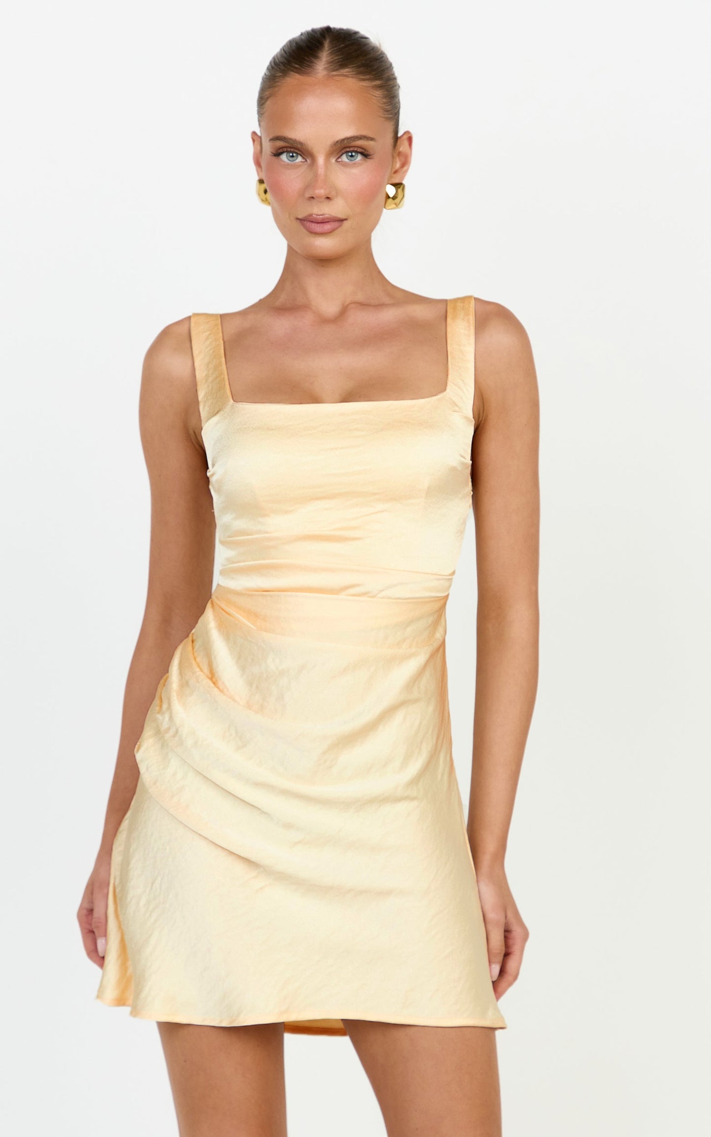 Rumi Mini Dress - Ruched Bodice Satin Dress in Lemon