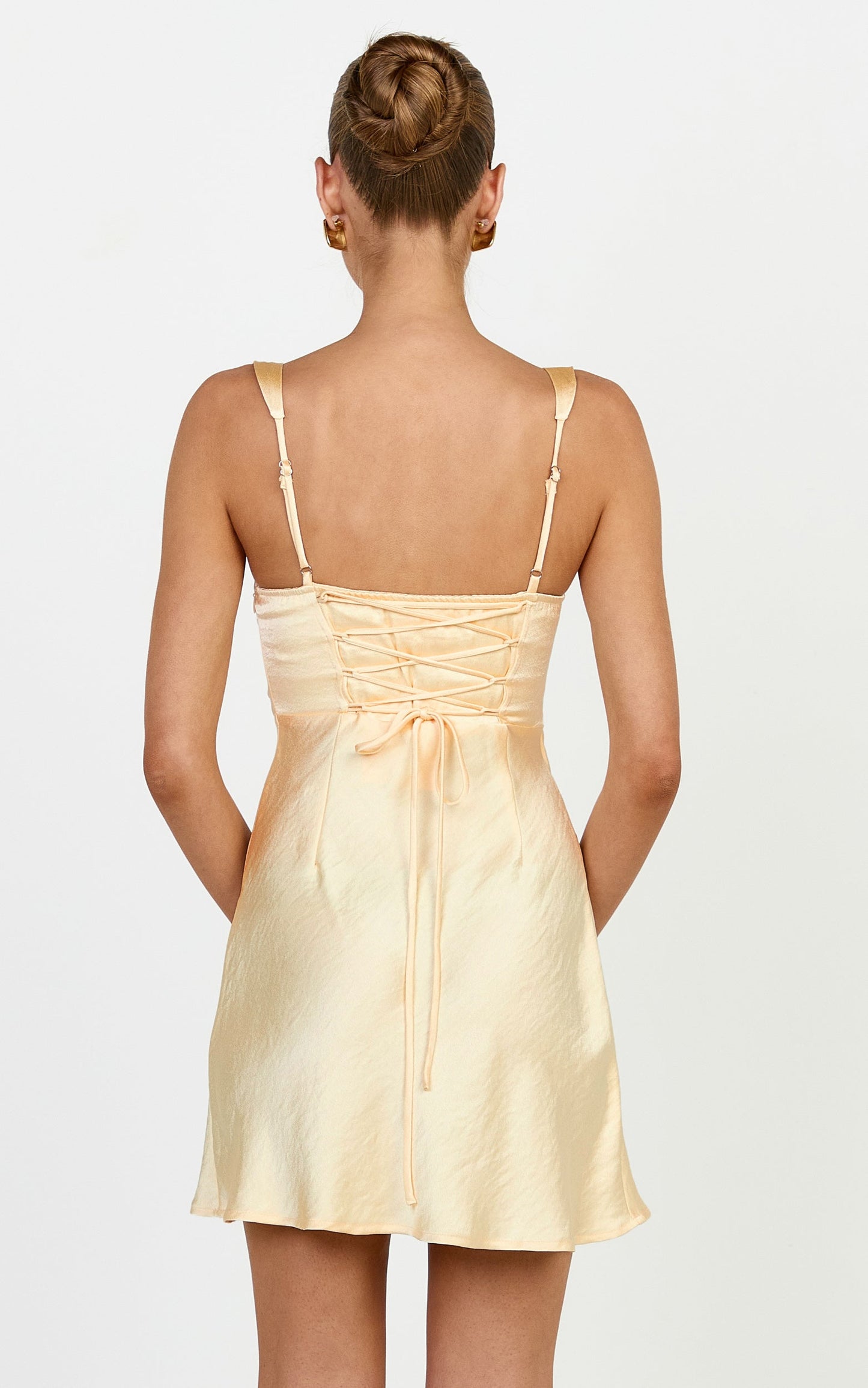 Rumi Mini Dress - Ruched Bodice Satin Dress in Lemon