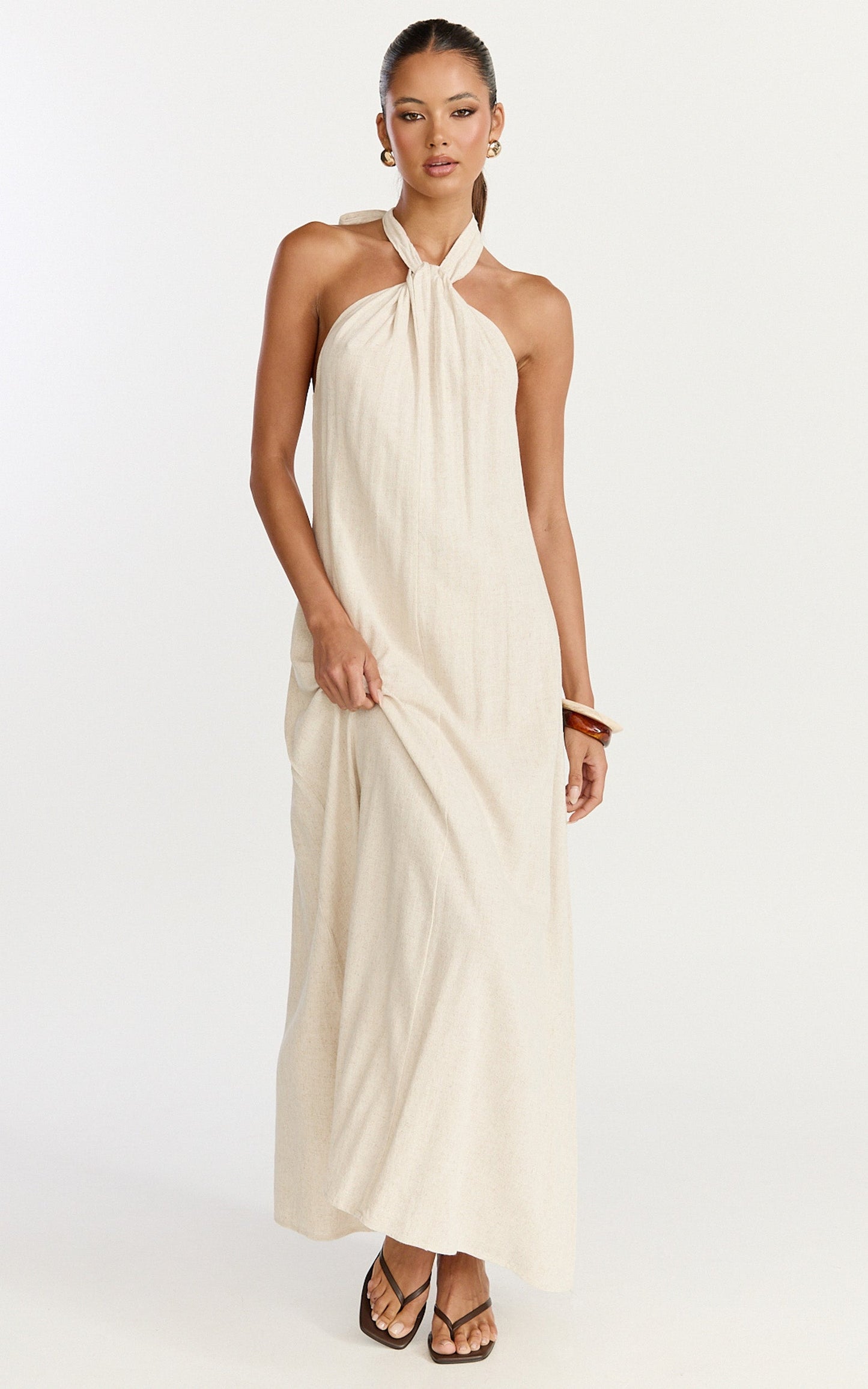 Hilda Maxi Dress - Knot Detail Halter Neck Maxi Dress in Natural