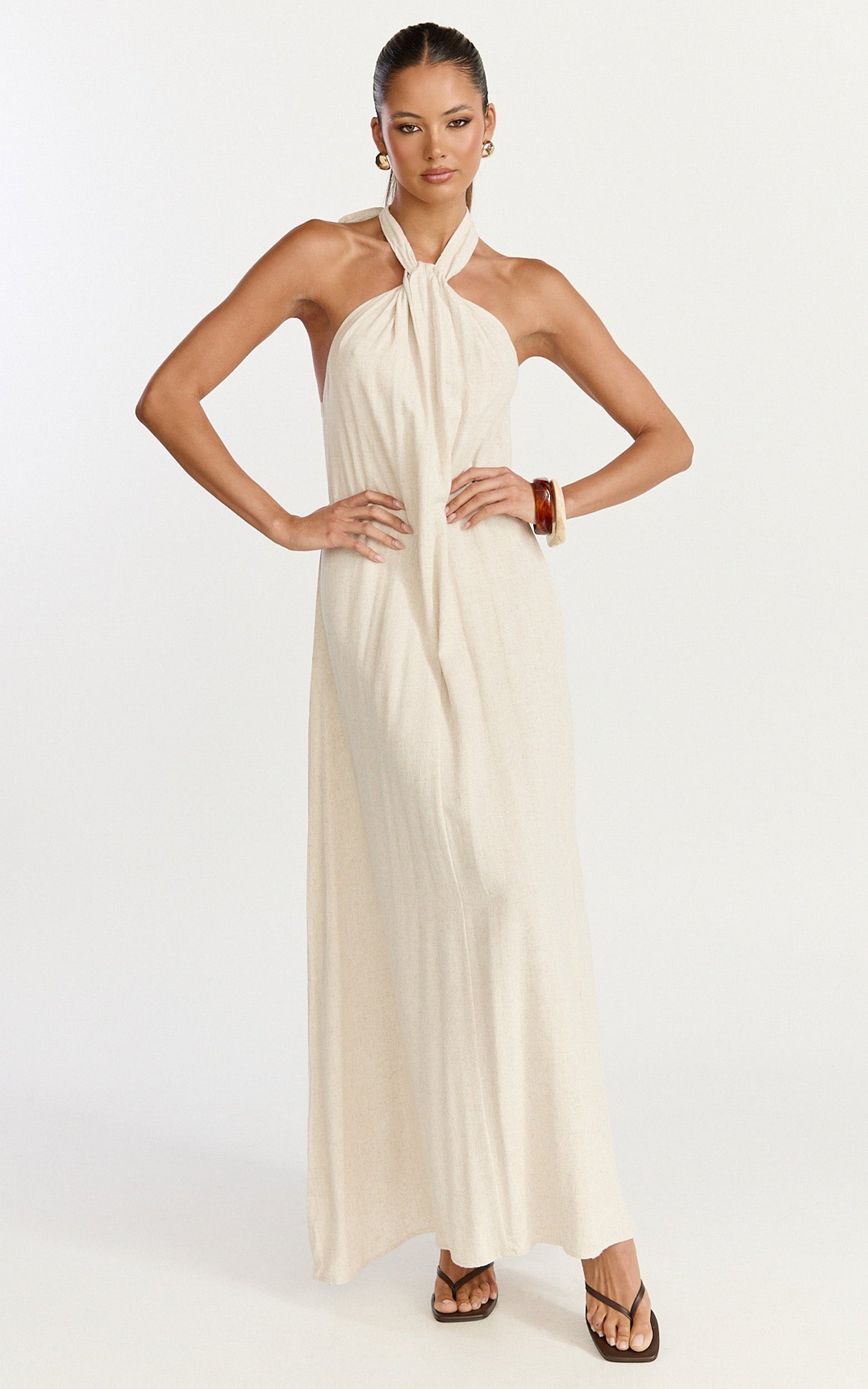 Hilda Maxi Dress - Knot Detail Halter Neck Maxi Dress in Natural