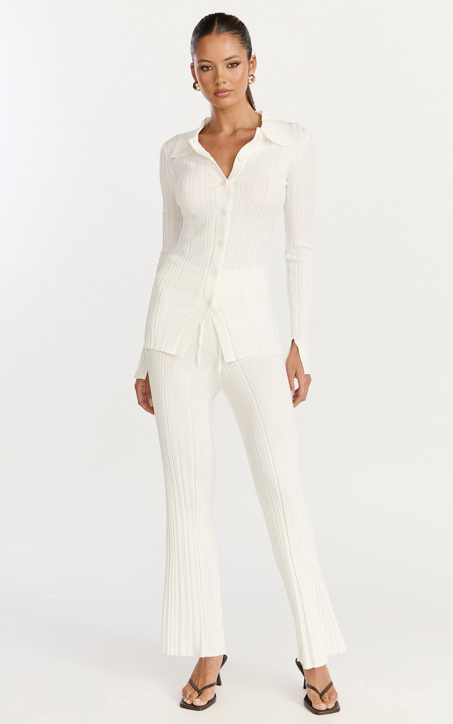 Kelsey Top - Button Through Long Sleeve Knitted Top in Cream