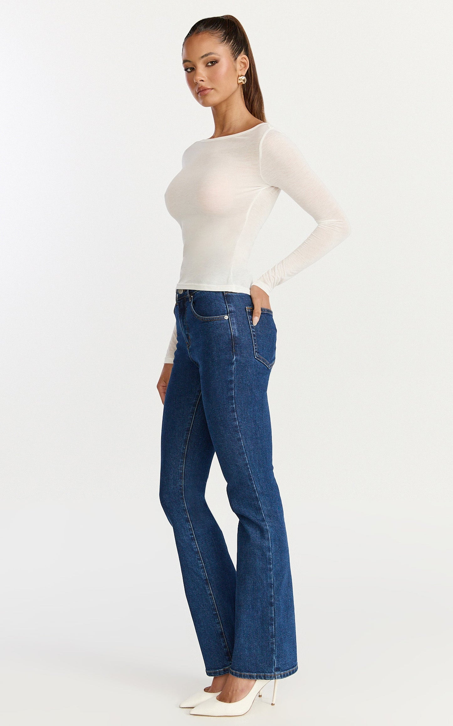 Madi Top - Long Sleeve Sheer Slub Jersey Top in White