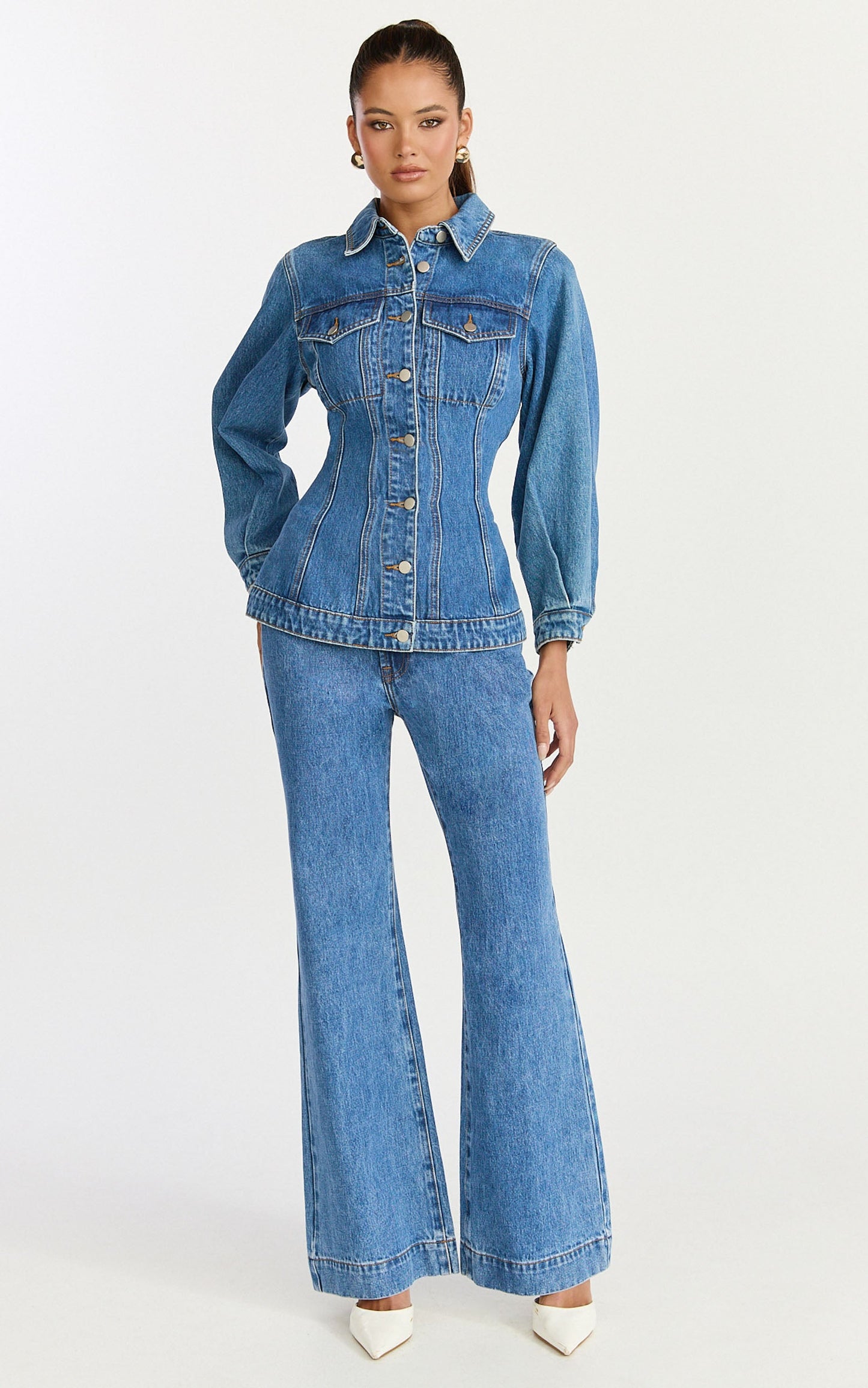 Tianna Jacket - Long Sleeve Contoured Recycled Denim Jacket in Mid Blue Wash