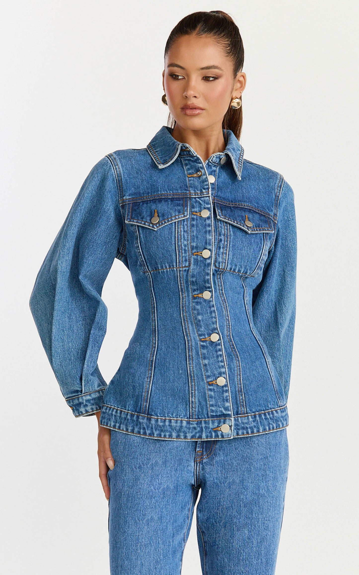 Tianna Jacket - Long Sleeve Contoured Recycled Denim Jacket in Mid Blue Wash