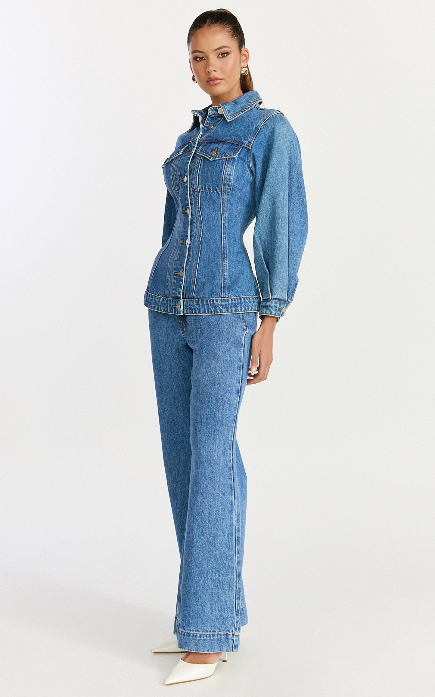 Tianna Jacket - Long Sleeve Contoured Recycled Denim Jacket in Mid Blue Wash
