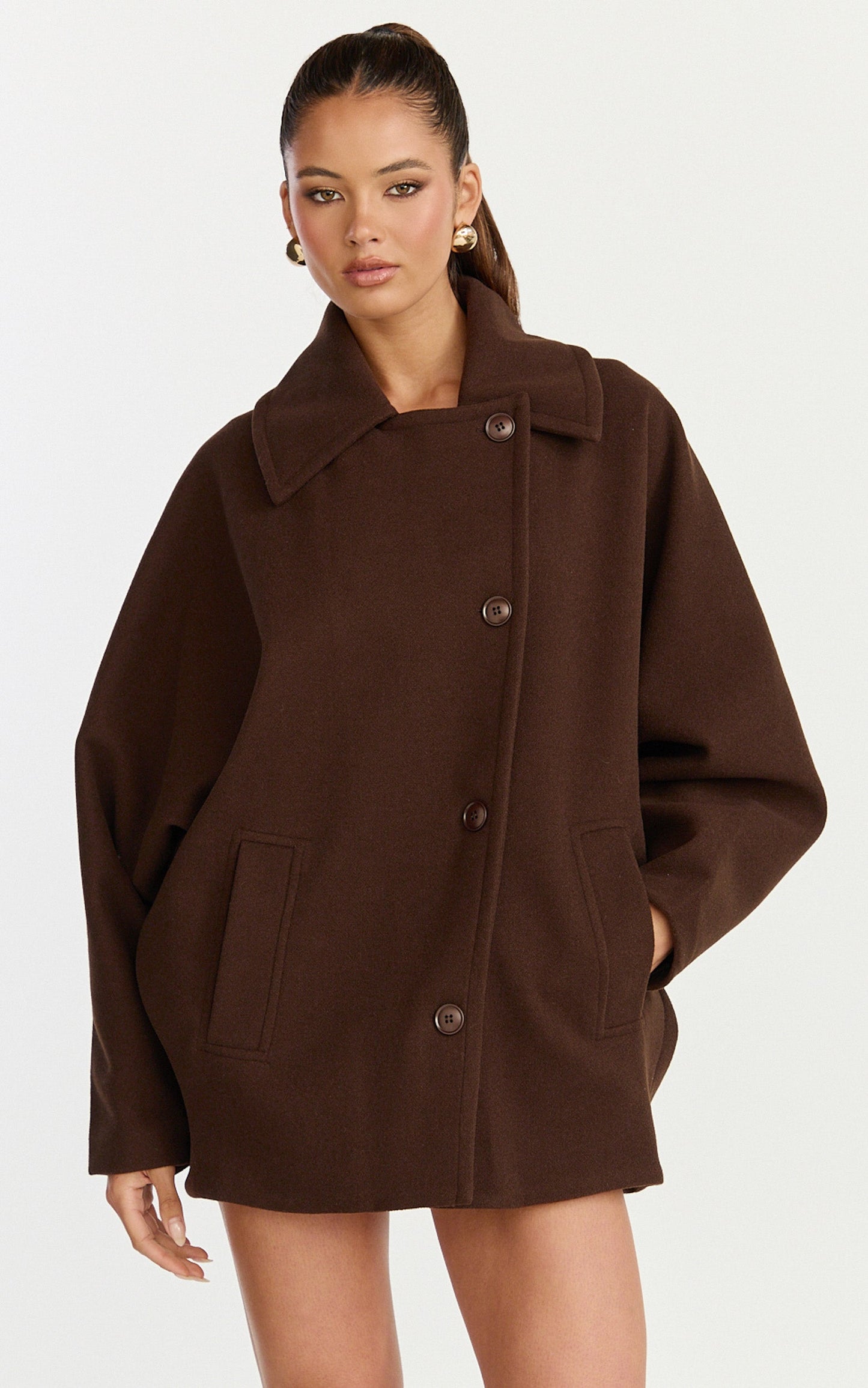 Rina Coat - Oversized Three Button Front Closure Coat in Chocolate