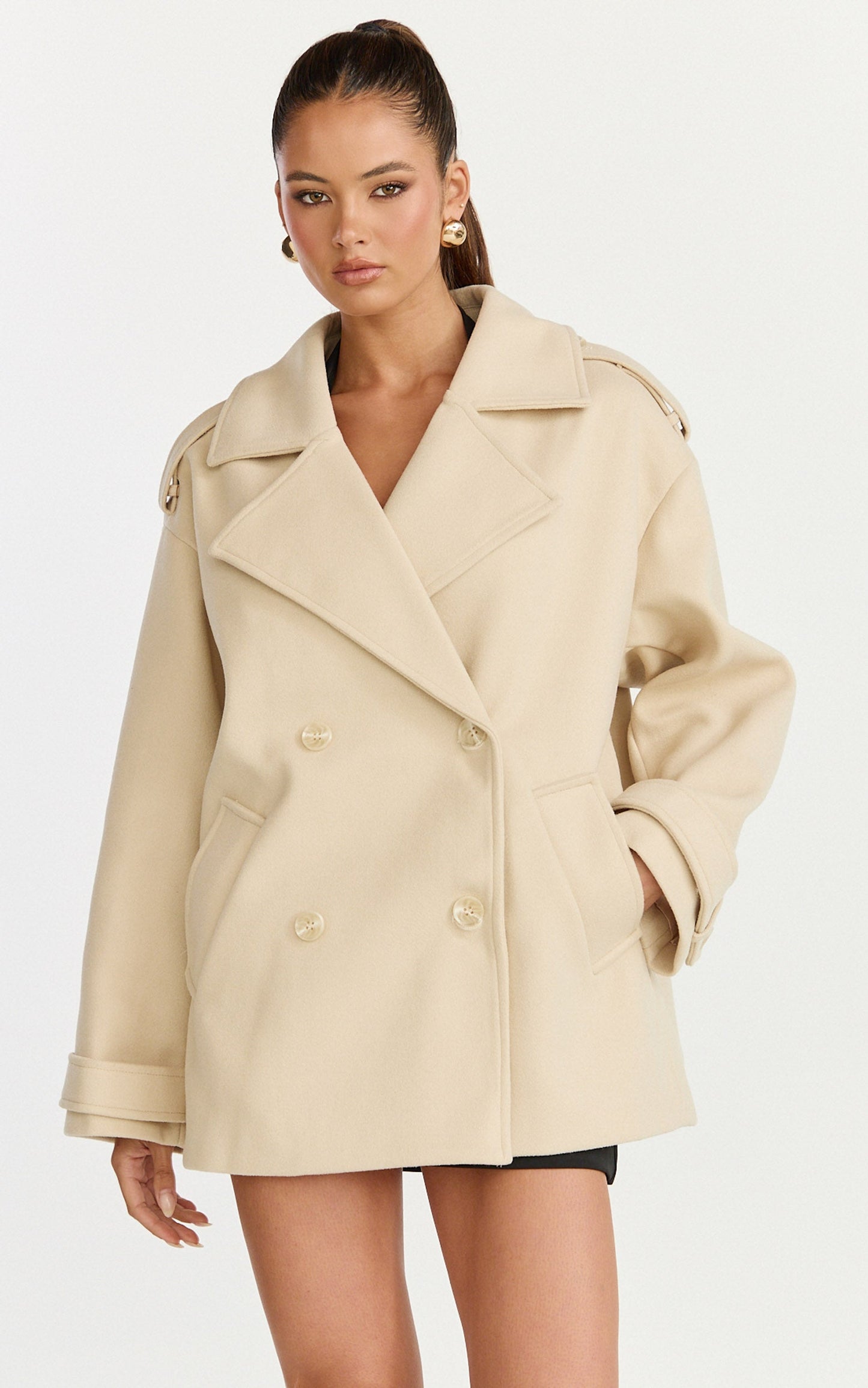 Saskia Coat - Double Breasted Short Wool Like Coat in Cream