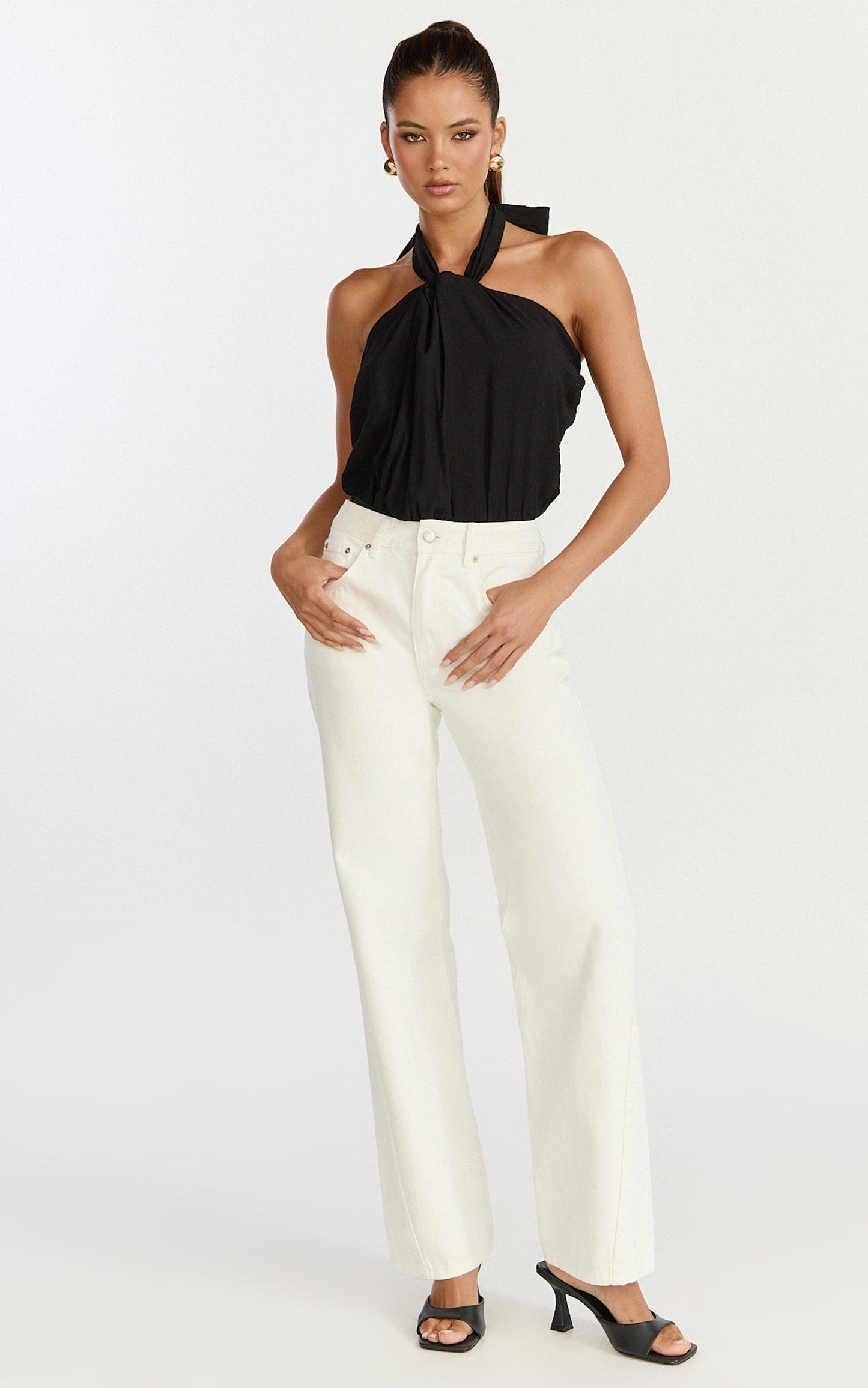 Victoria Bodysuit - Linen Look Tie Knot Halterneck Bodysuit in Black