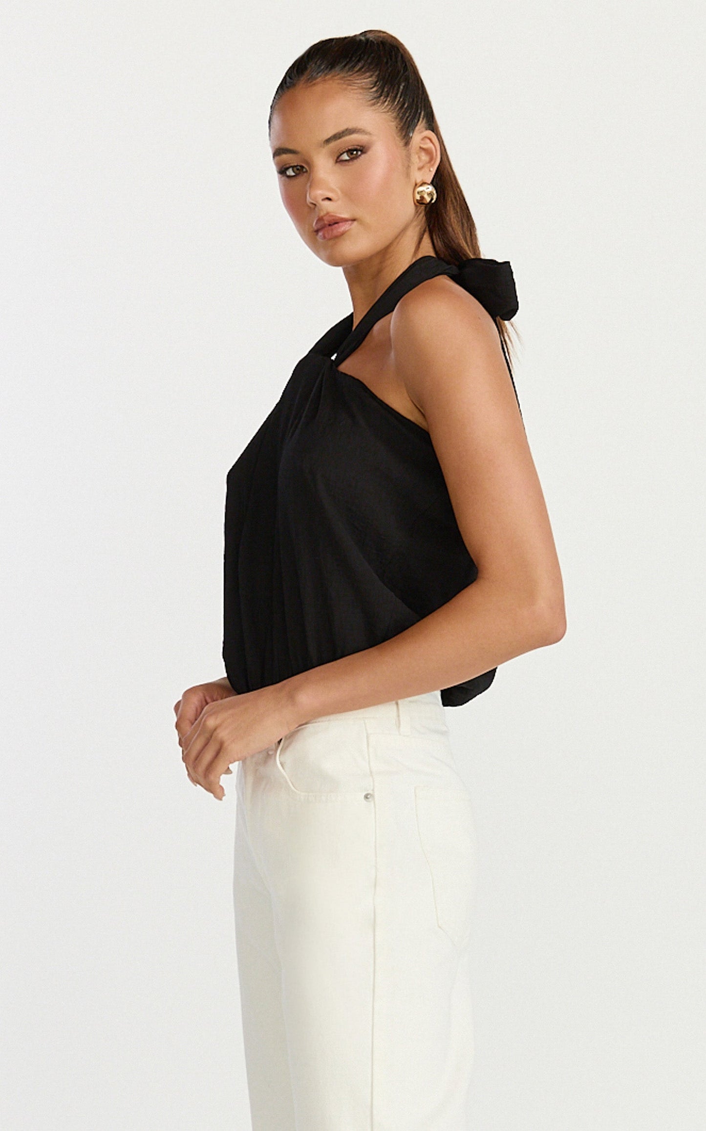 Victoria Bodysuit - Linen Look Tie Knot Halterneck Bodysuit in Black