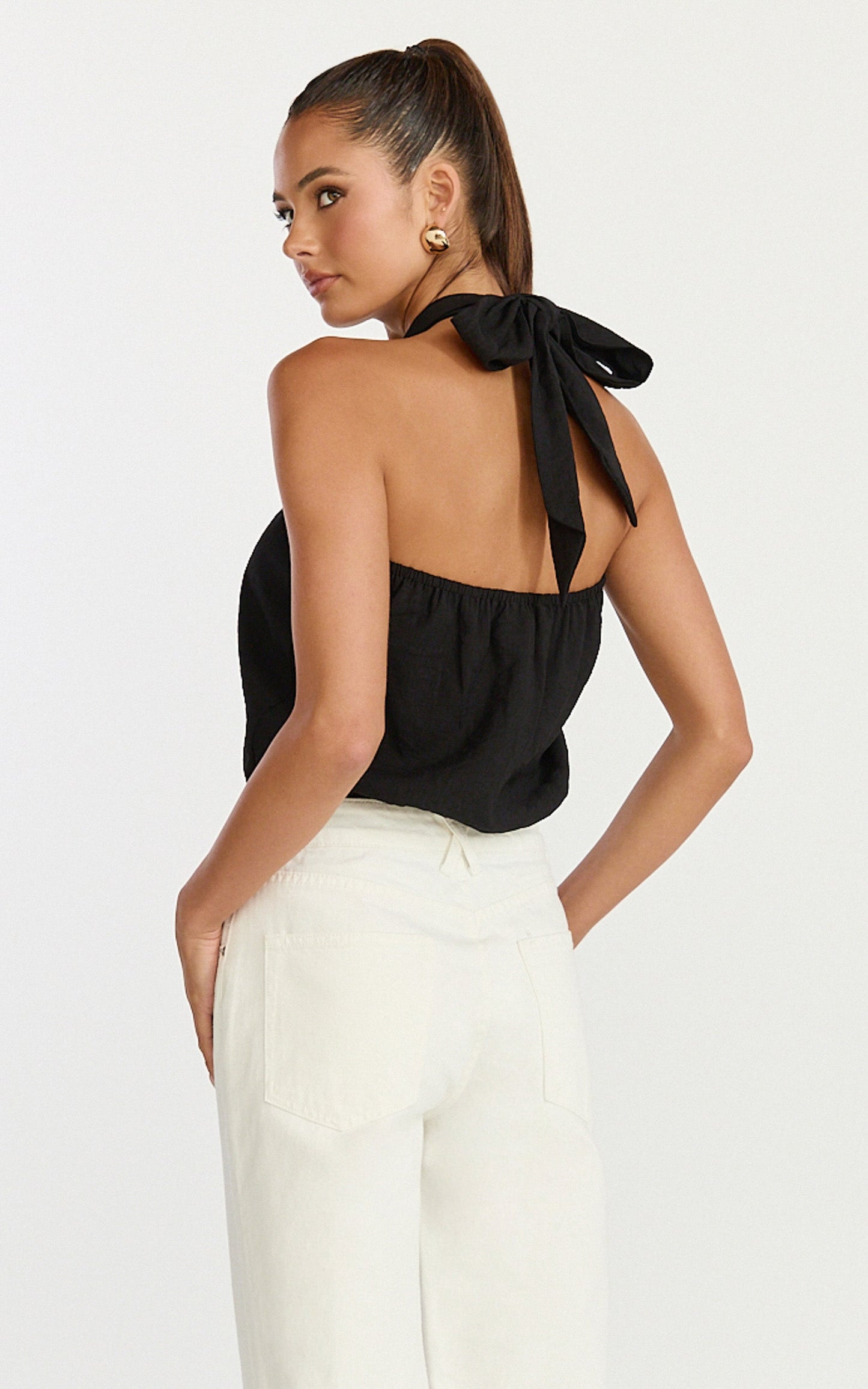 Victoria Bodysuit - Linen Look Tie Knot Halterneck Bodysuit in Black