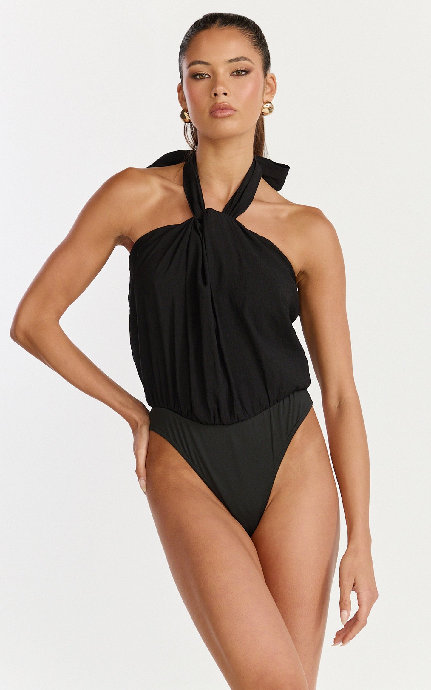 Victoria Bodysuit - Linen Look Tie Knot Halterneck Bodysuit in Black