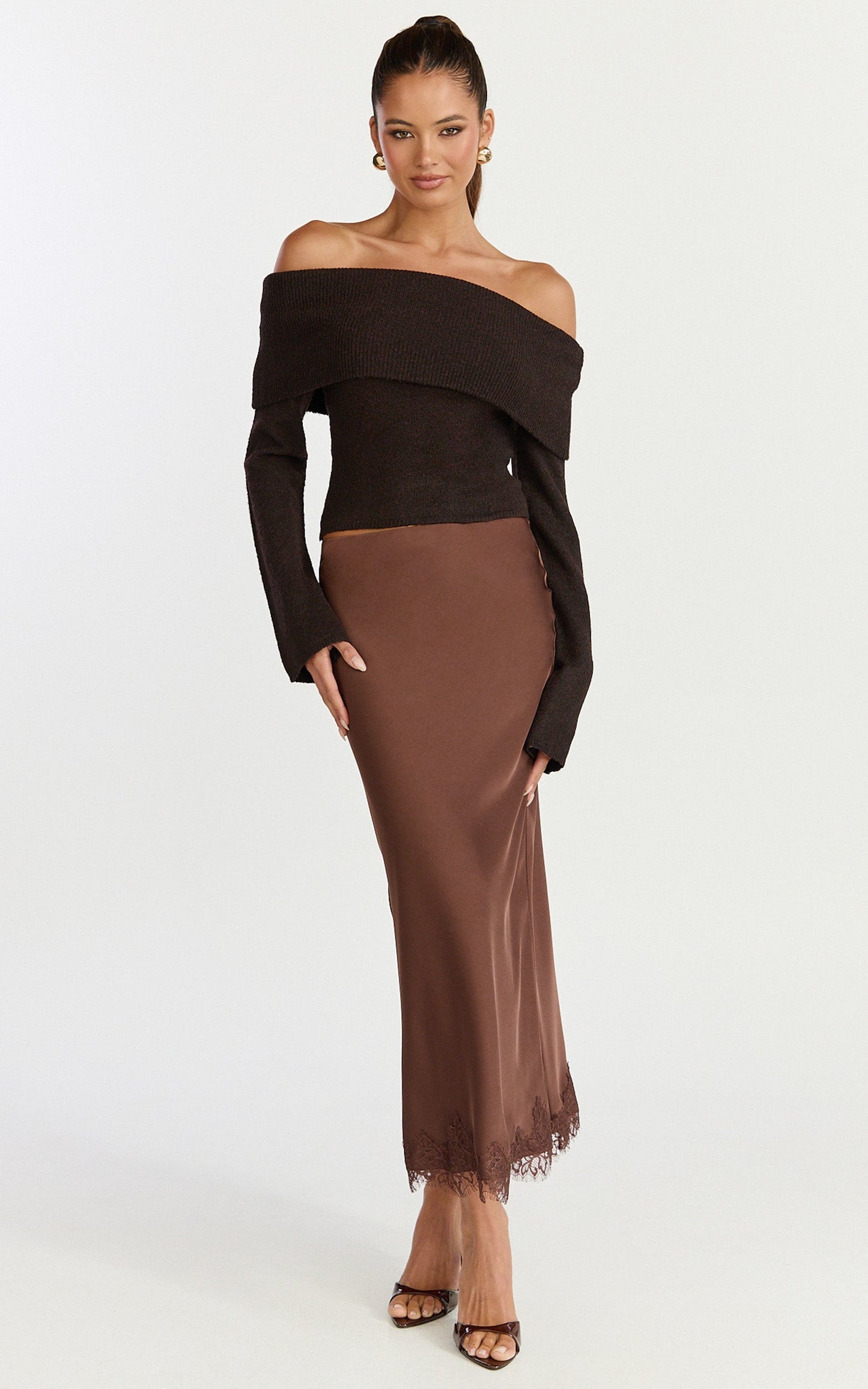 Darcie Top - Off Shoulder Long Sleeve Knitted Top in Chocolate