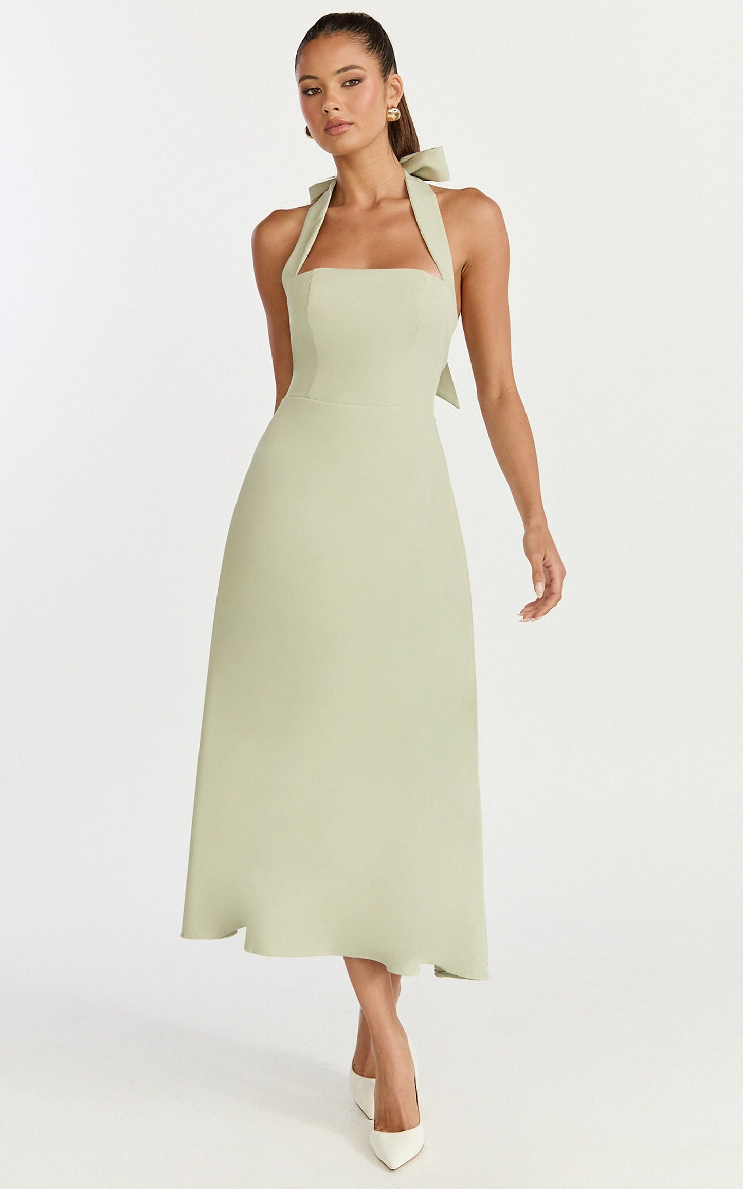 Karissa Midi Dress - Halter Neck Fitted Bodice Midi Soft A Line Skirt Dress in Pistachio