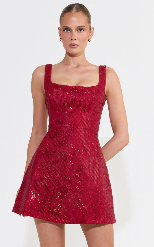 Gaia Minikleid – strukturiertes A-Linien-Kleid mit Diamanten in Rotwein