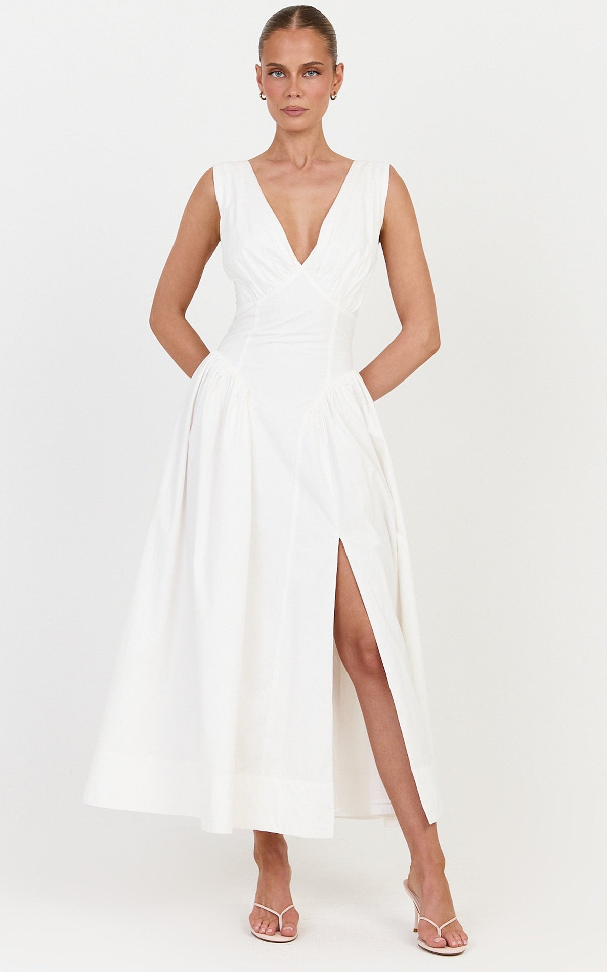 Melody Midi Dress - Cotton V Neck A Line Dress in Off White