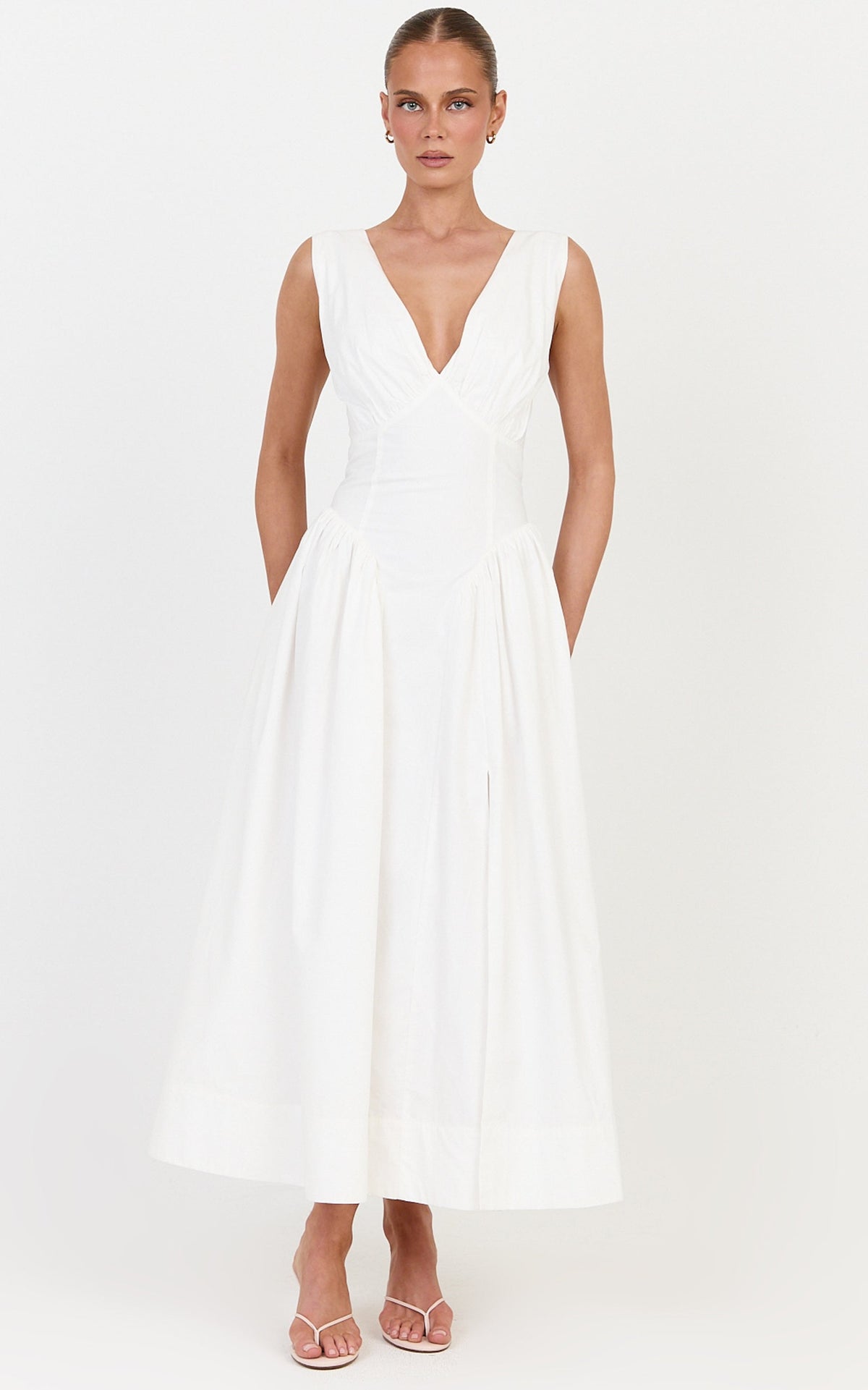 Melody Midi Dress - Cotton V Neck A Line Dress in Off White