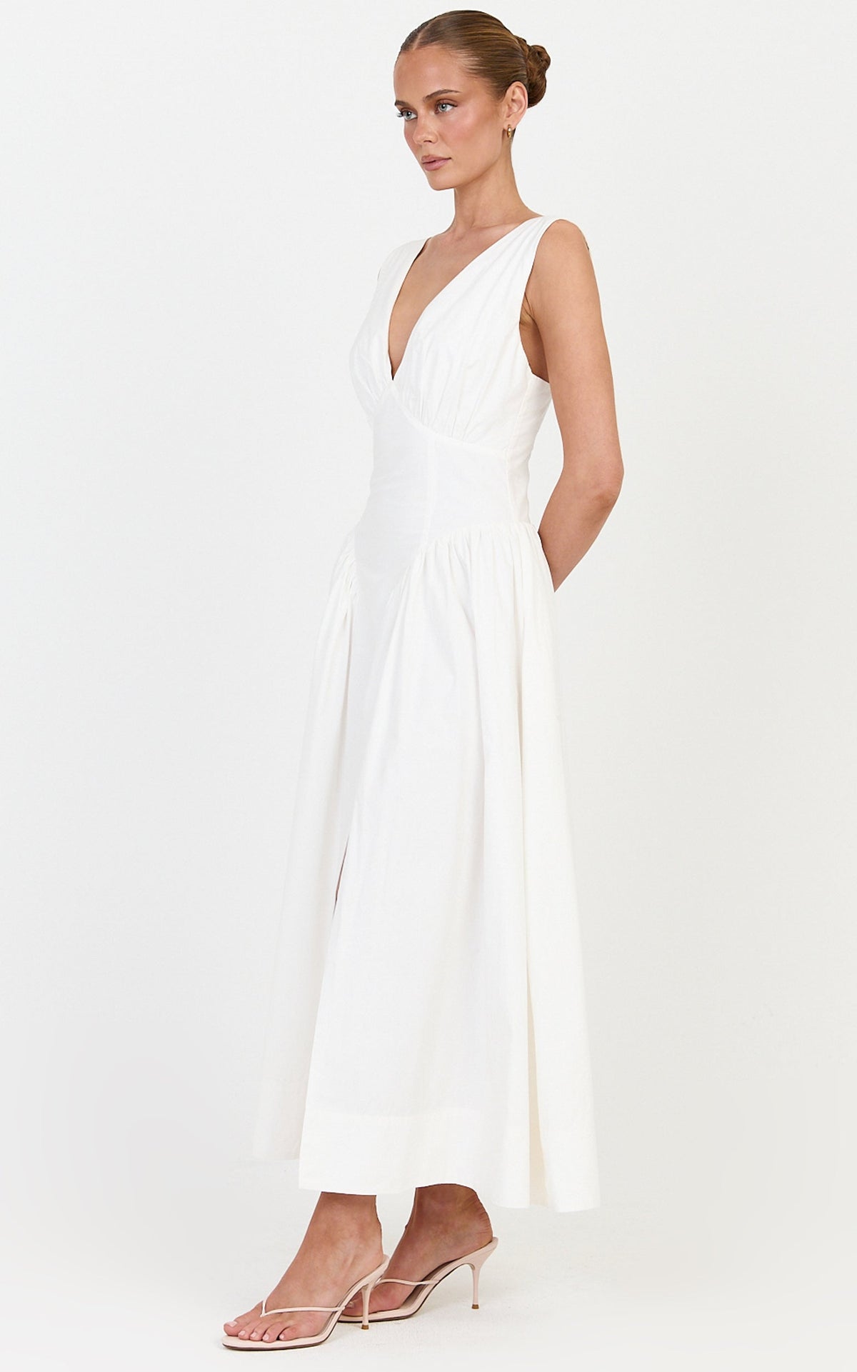Melody Midi Dress - Cotton V Neck A Line Dress in Off White