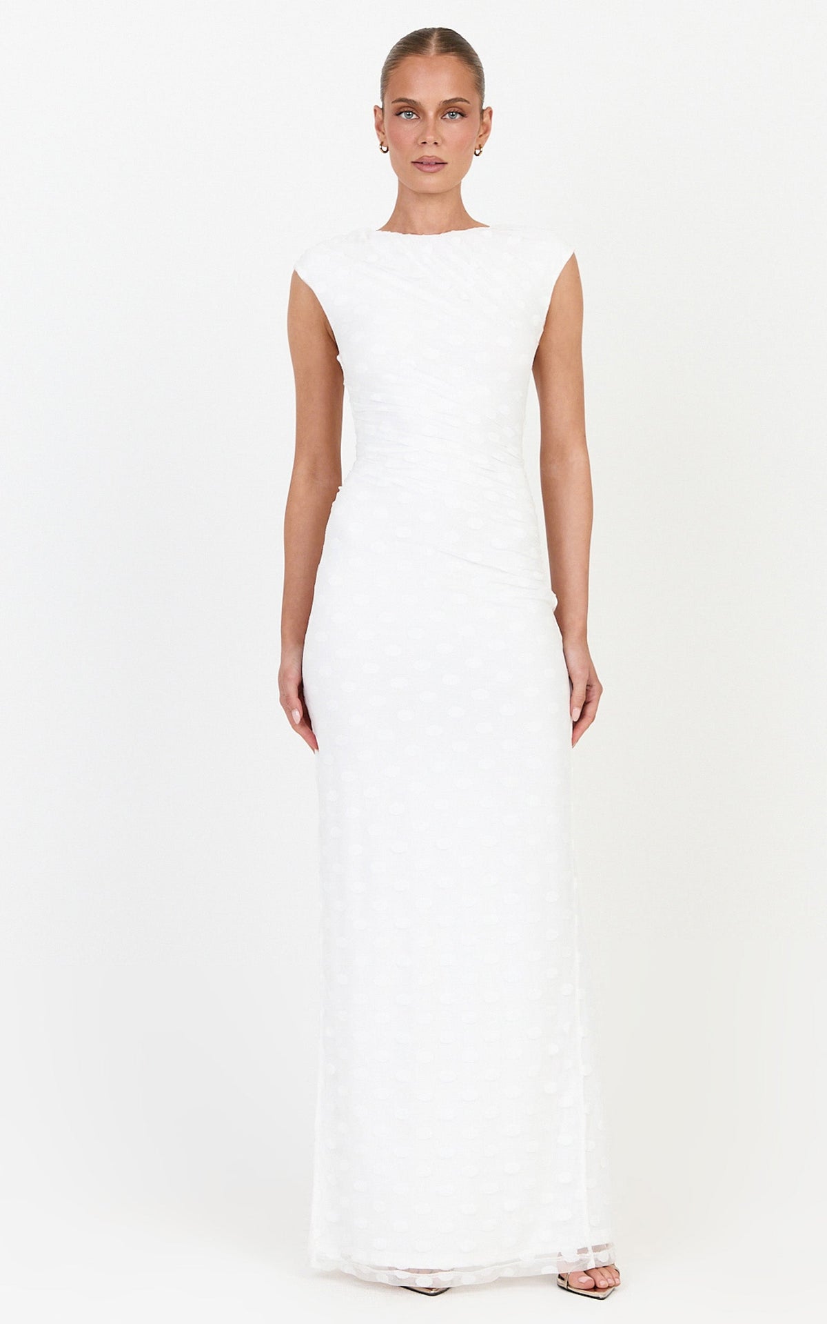 Bessette Maxikleid – Gepunktetes Mesh-Maxikleid in Elfenbein