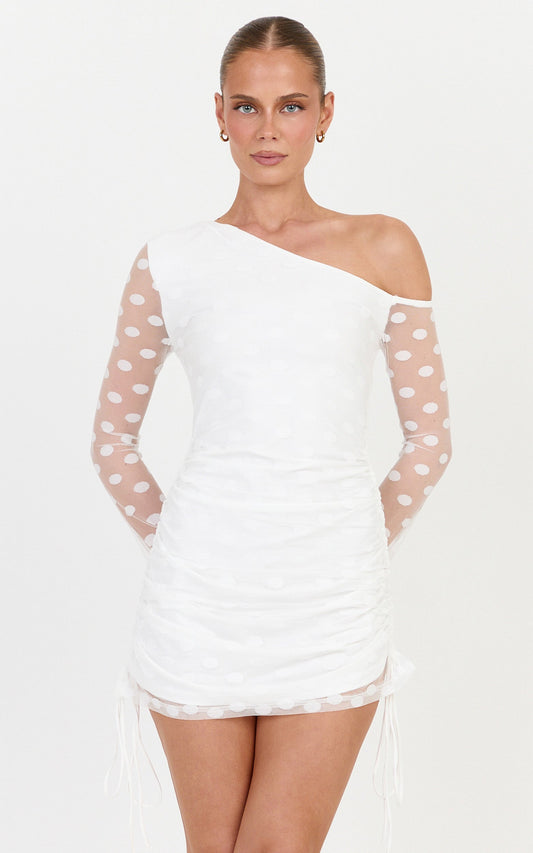 Bessette Minikleid – Langärmeliges Polka Dot Mesh Kleid in Elfenbein