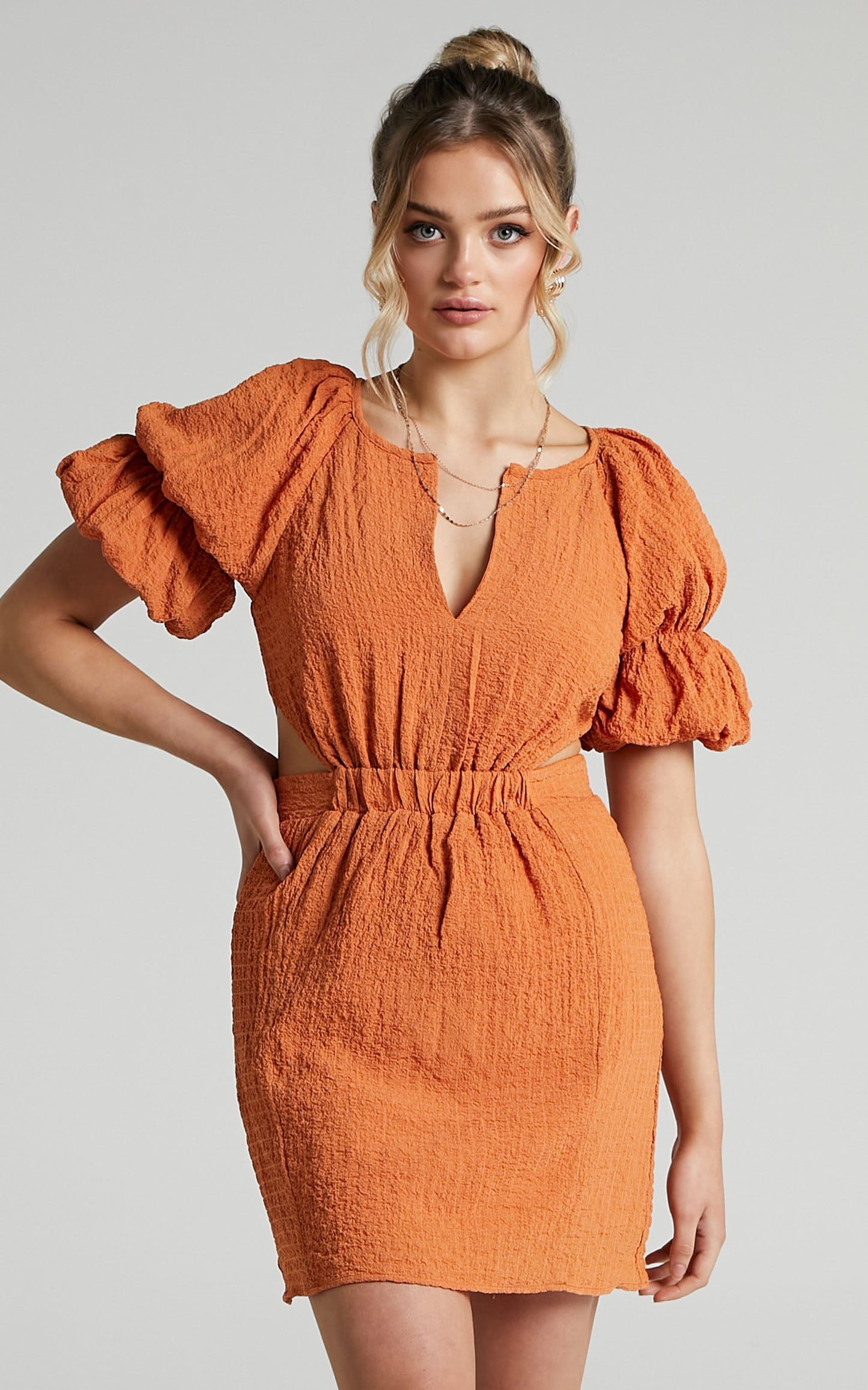 Robina Mini Dress - Puff Sleeve Cut Out Dress in Burnt Orange