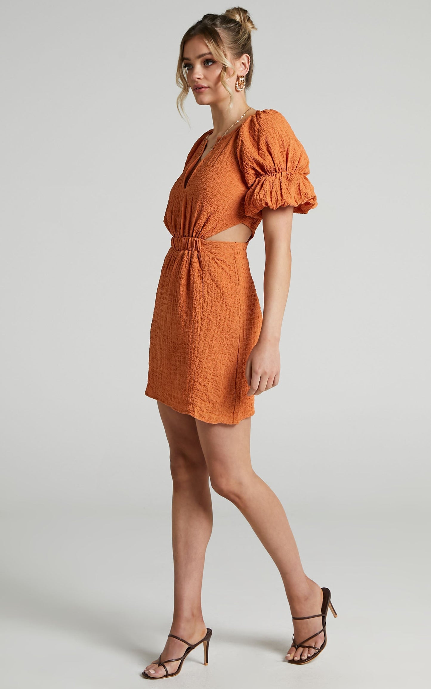 Robina Mini Dress - Puff Sleeve Cut Out Dress in Burnt Orange
