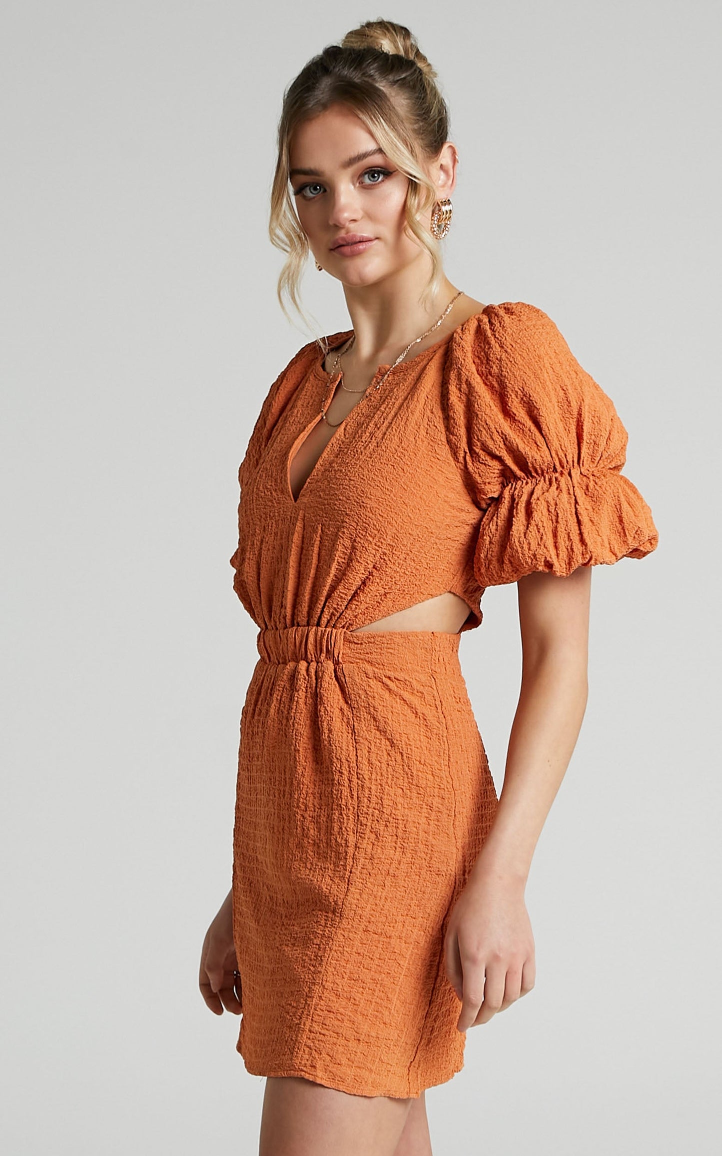Robina Mini Dress - Puff Sleeve Cut Out Dress in Burnt Orange
