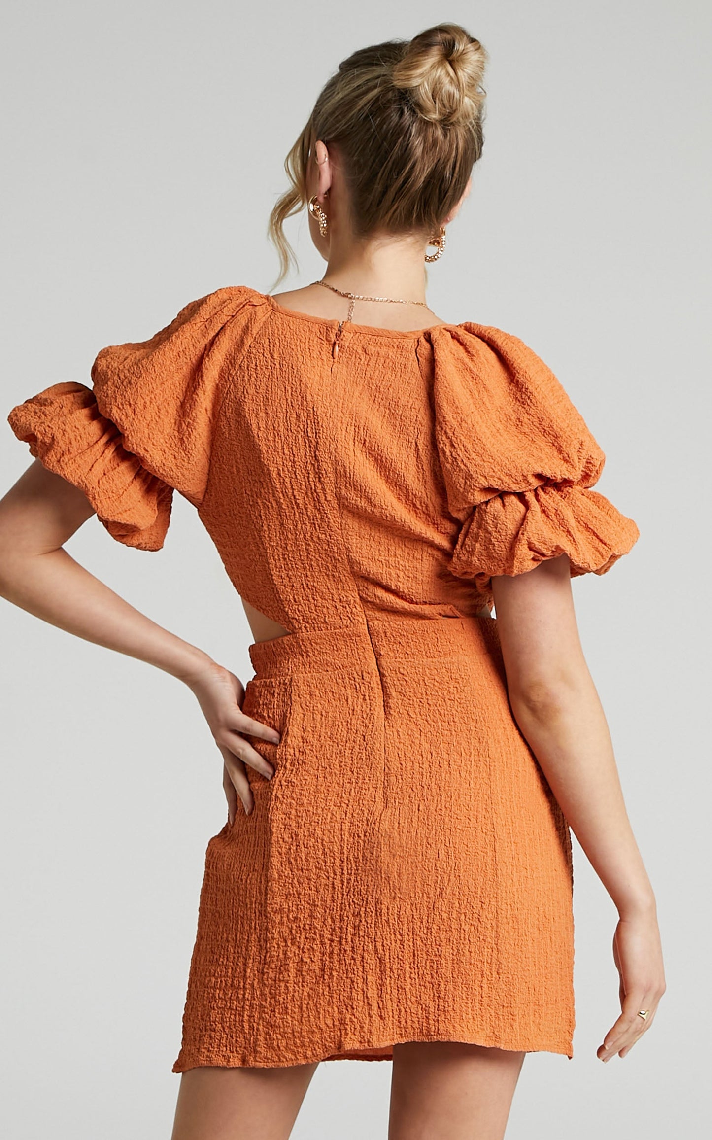 Robina Mini Dress - Puff Sleeve Cut Out Dress in Burnt Orange