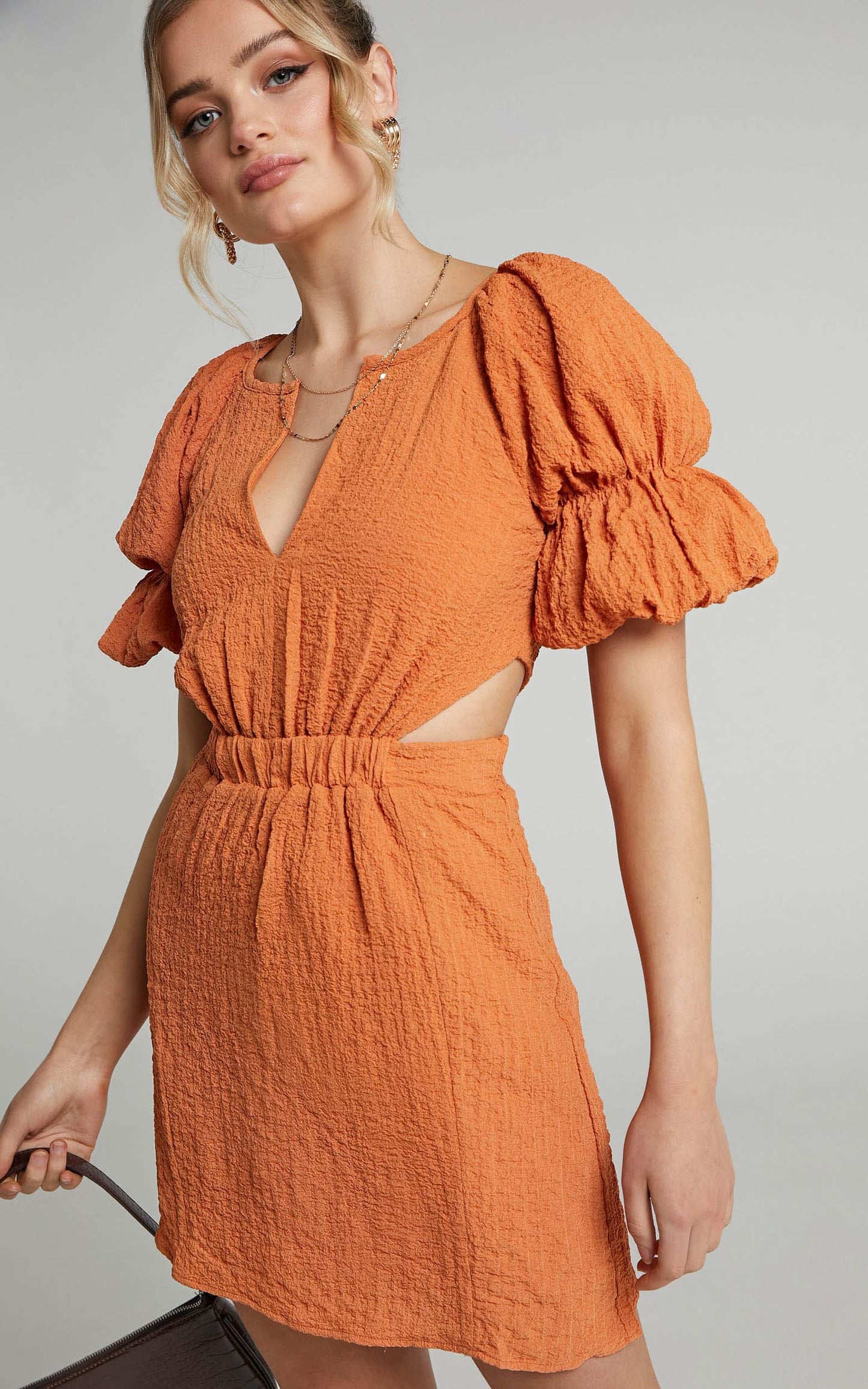 Robina Mini Dress - Puff Sleeve Cut Out Dress in Burnt Orange