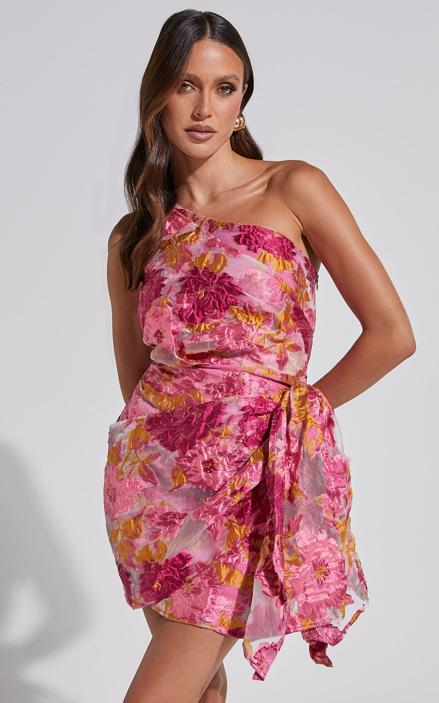 Brailey Mini Dress - One Shoulder Wrap Front Dress in Pink Jacquard