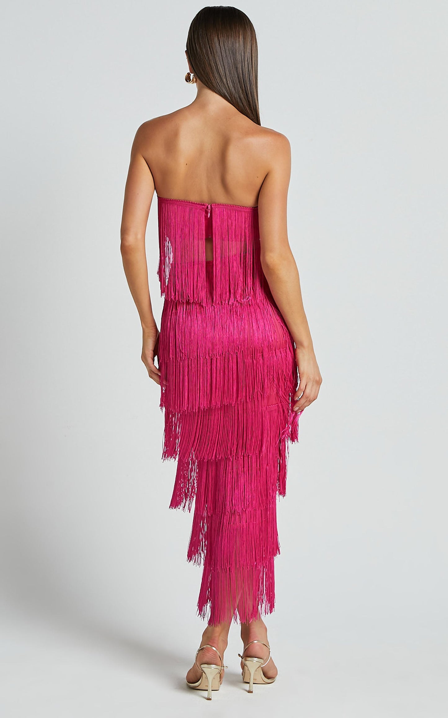 Amalee Two Piece Set - Fringe Strapless Crop Top and Midi Skirt Set in Pink