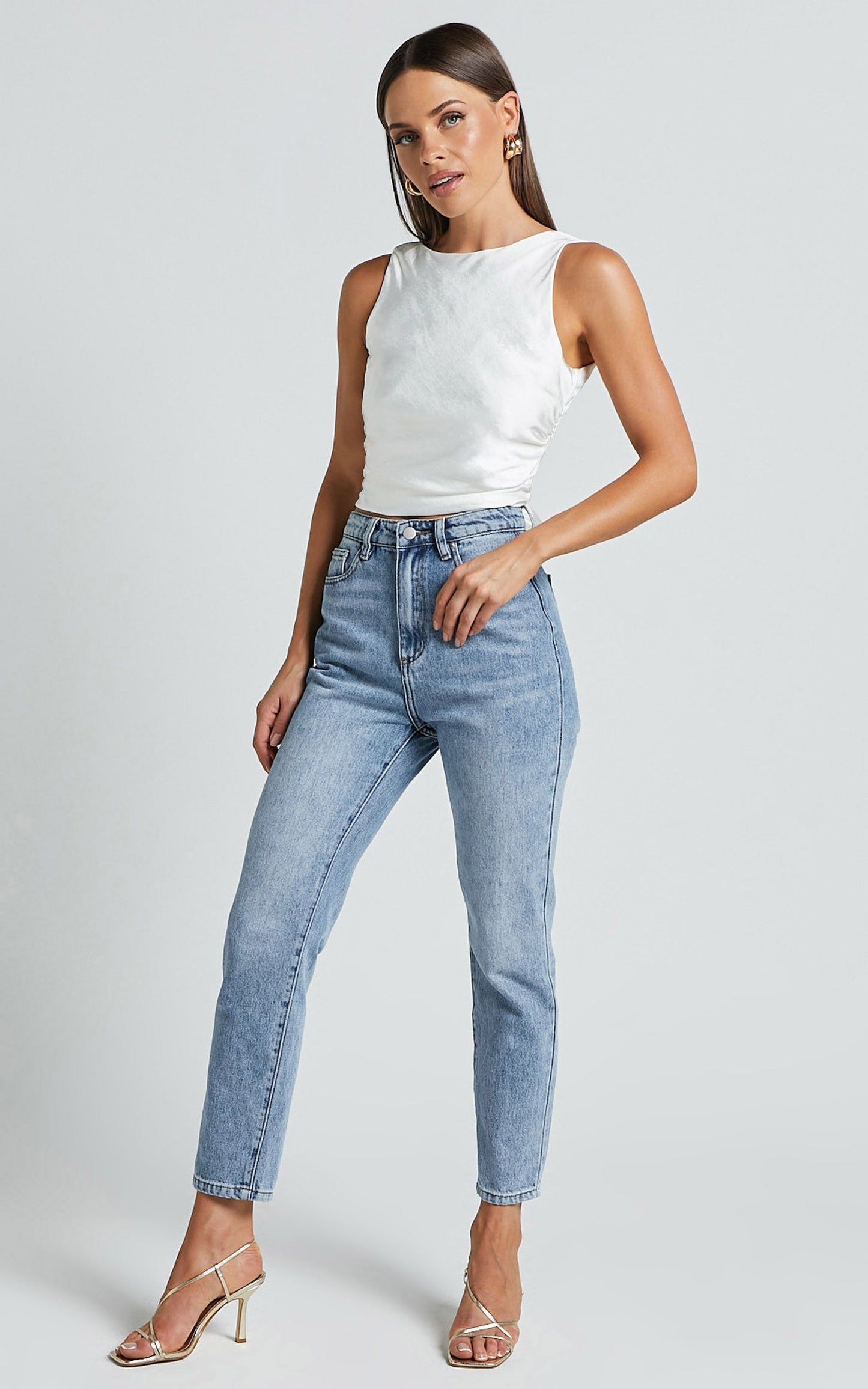 Franca Top - Boat Neck Ruched Bodice Tie Back Satin Top in Oyster