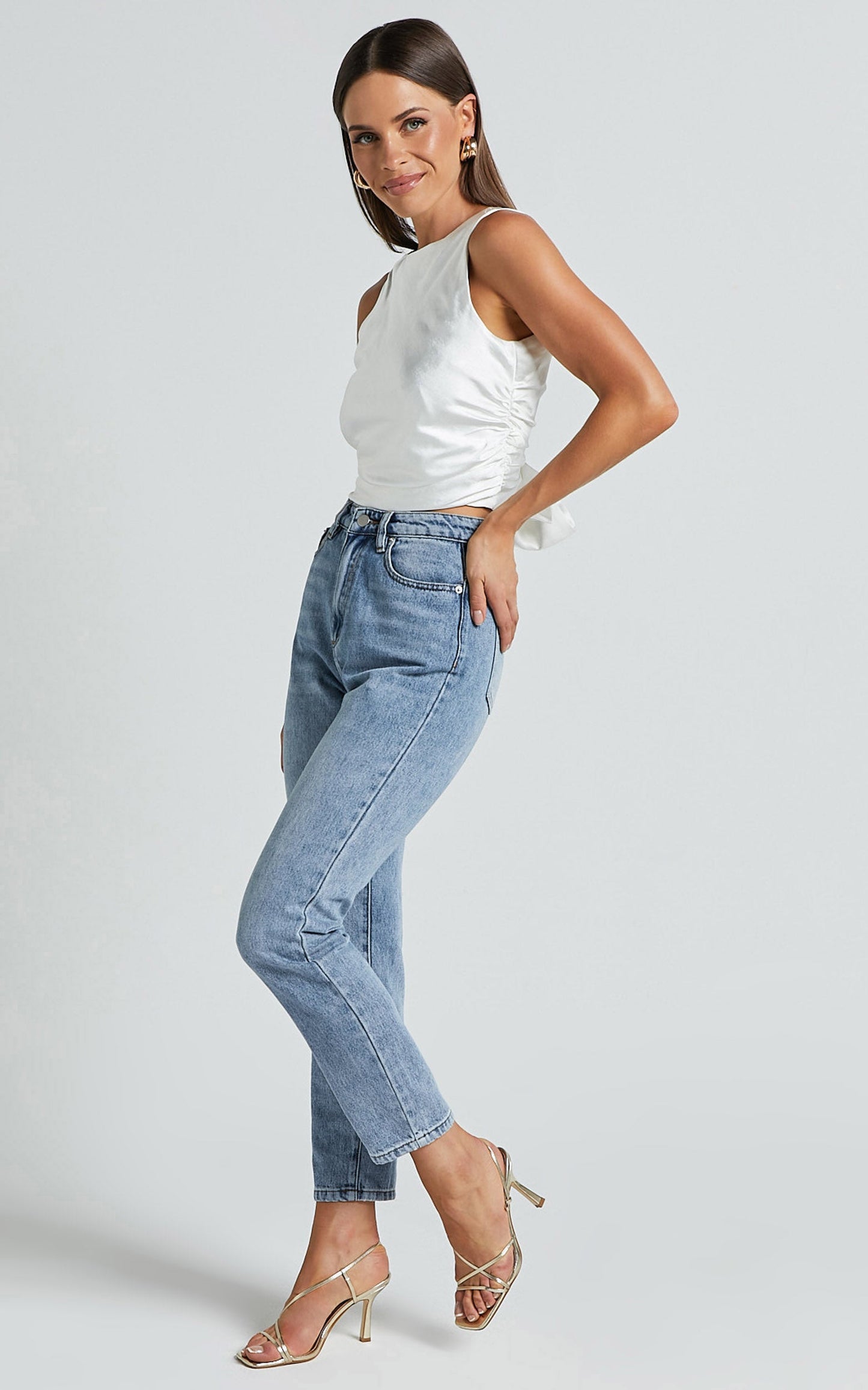 Franca Top - Boat Neck Ruched Bodice Tie Back Satin Top in Oyster