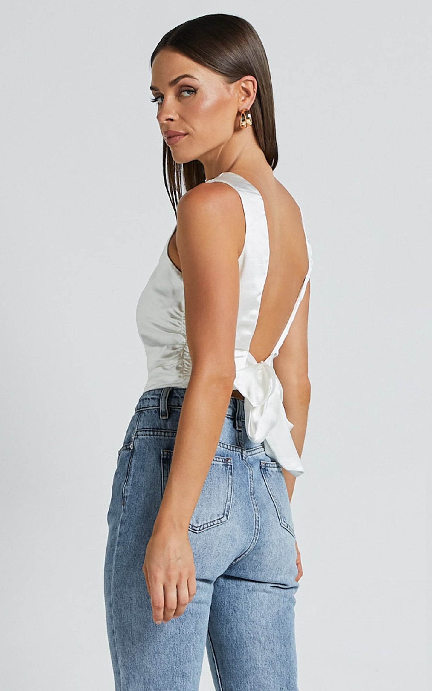 Franca Top - Boat Neck Ruched Bodice Tie Back Satin Top in Oyster
