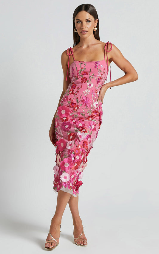 Jamich Midi Dress - Straight Neck Tie Strap Pencil Dress in Magenta